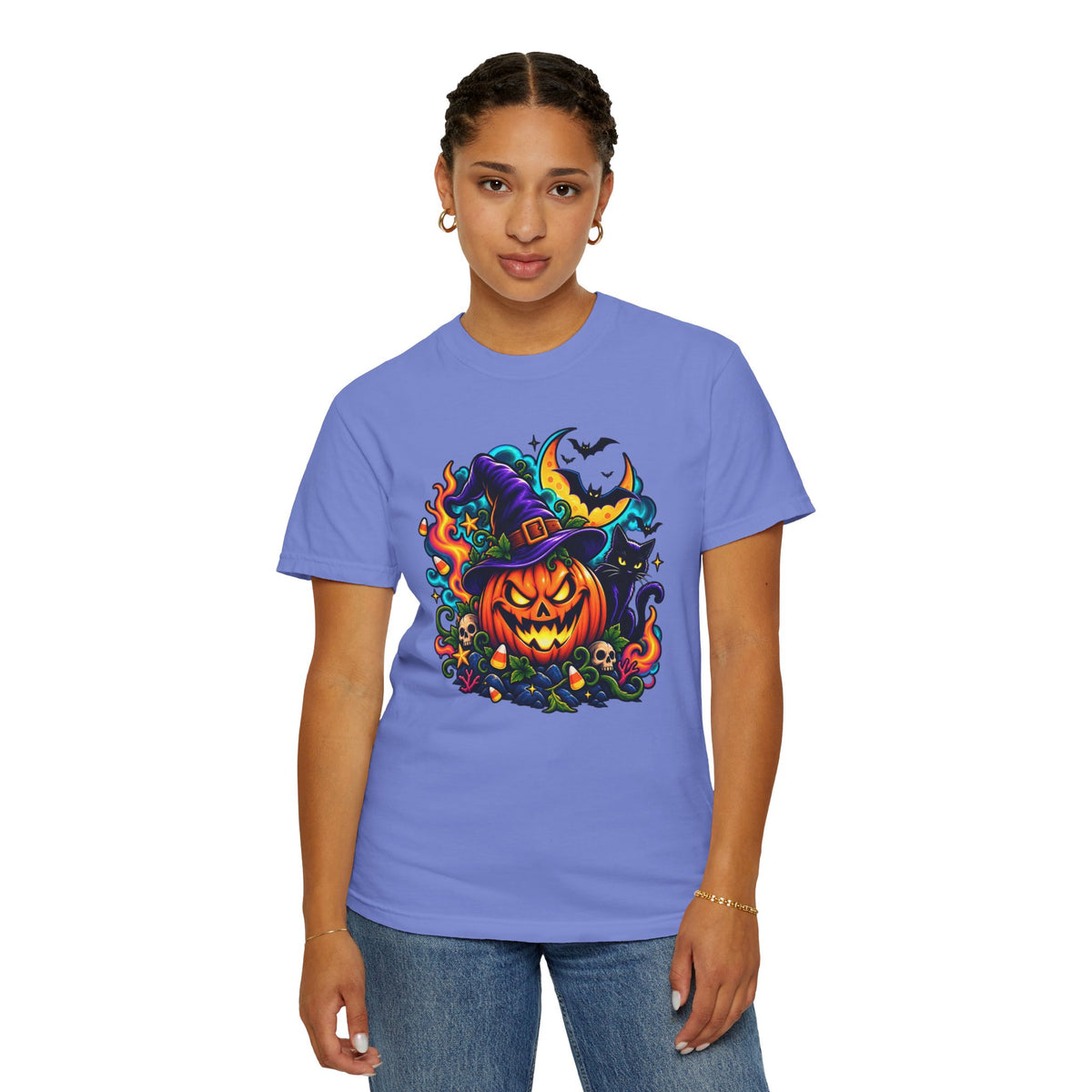 Unisex Halloween Pumpkin & Black Cat T-Shirt | Colorful Spooky Adult Tee