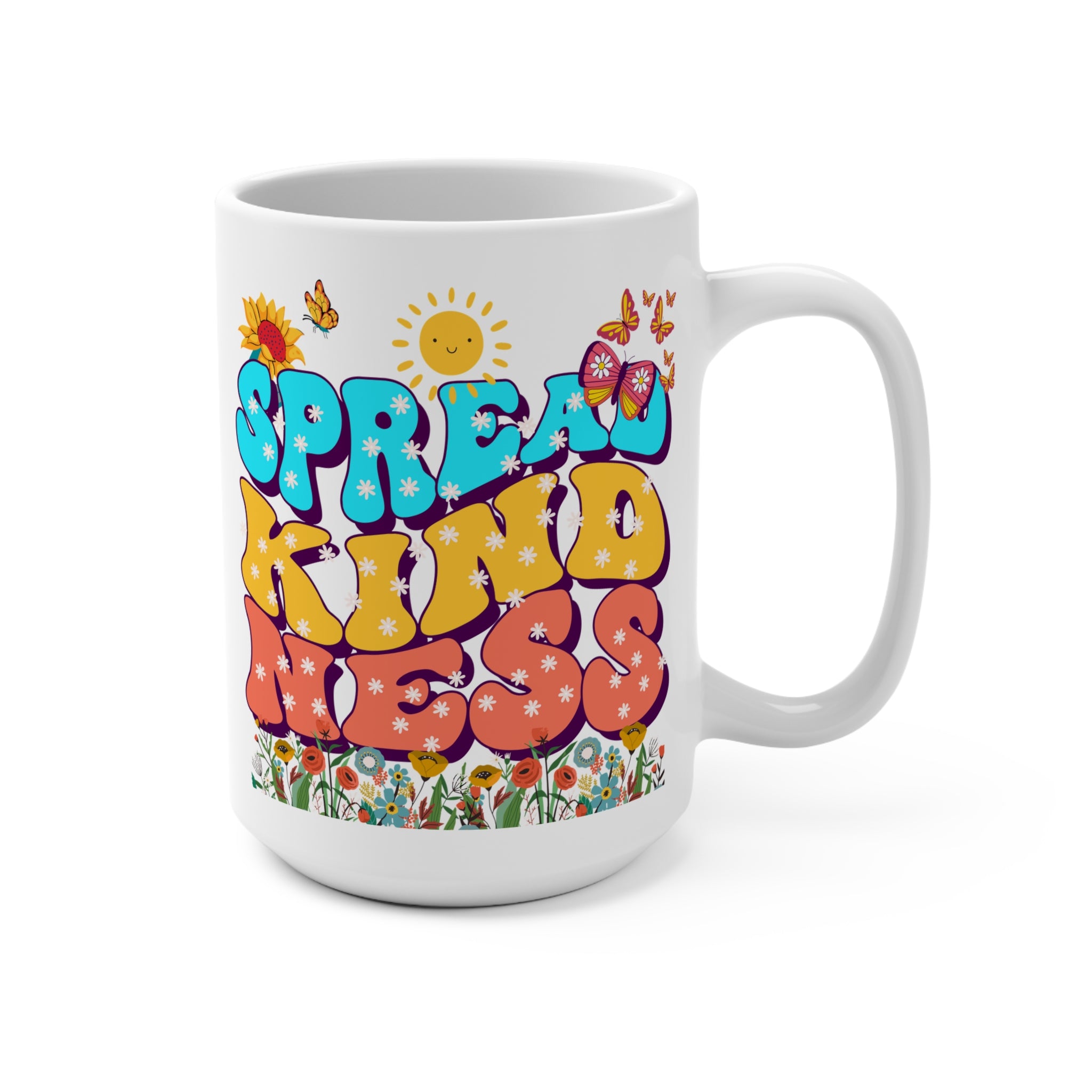 Spread Kindness Floral Mug - Colorful Inspirational Coffee Cup - Positive Gift for Her - Retro Butterfly Mug