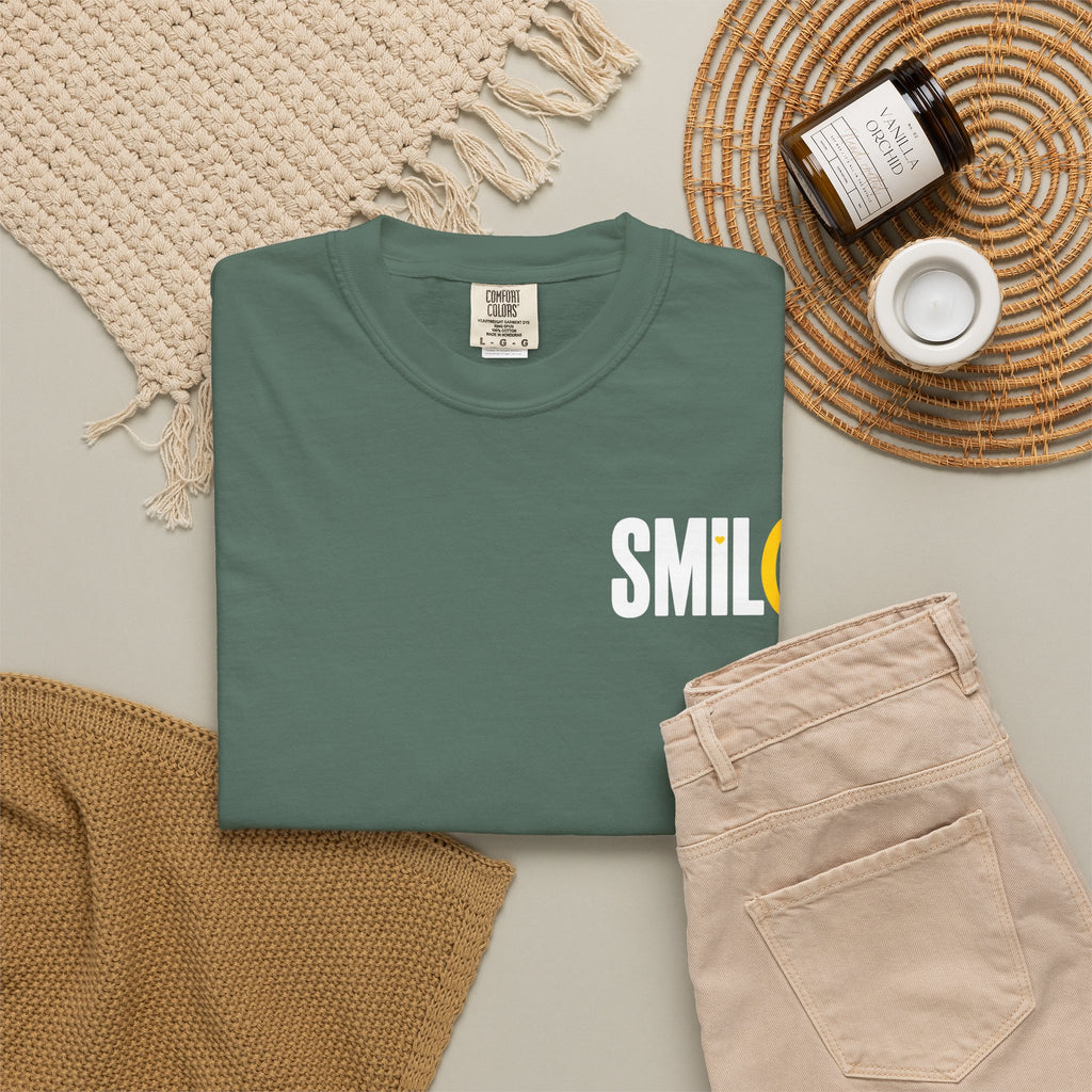 SMIL(: IT’S FREE. White & Yellow Front-and-Back Garment-Dyed Tee