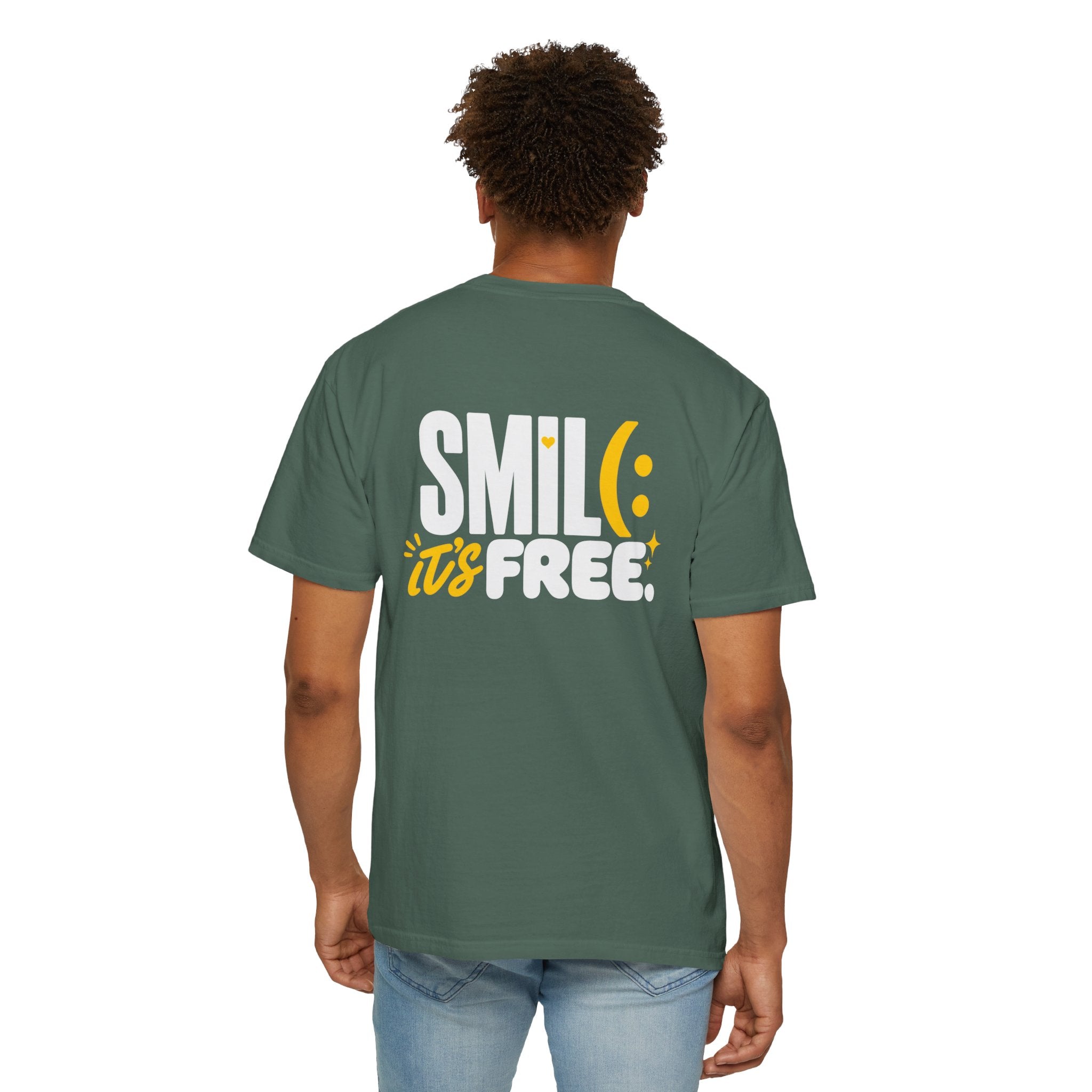 SMIL(: IT’S FREE. White & Yellow Front-and-Back Garment-Dyed Tee