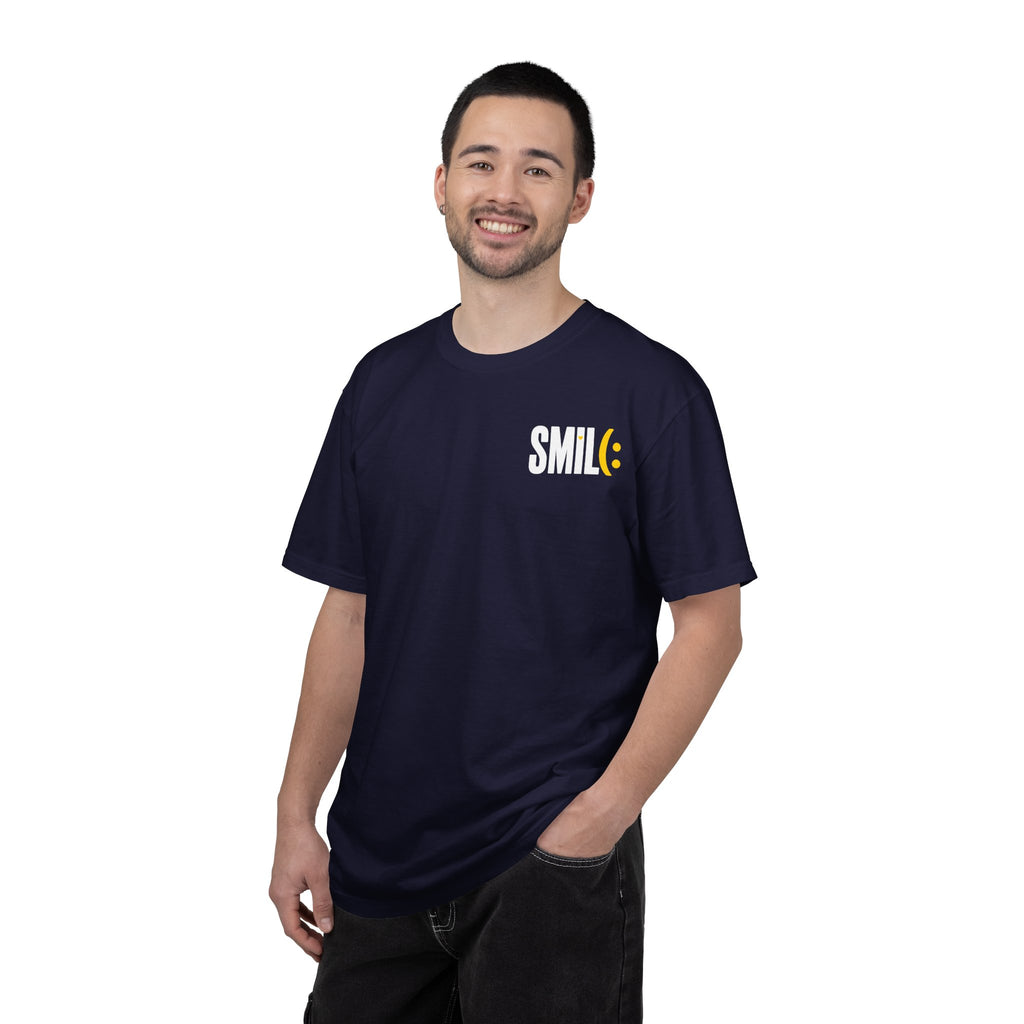 SMIL(: IT’S FREE. White & Yellow Front-and-Back Garment-Dyed Tee