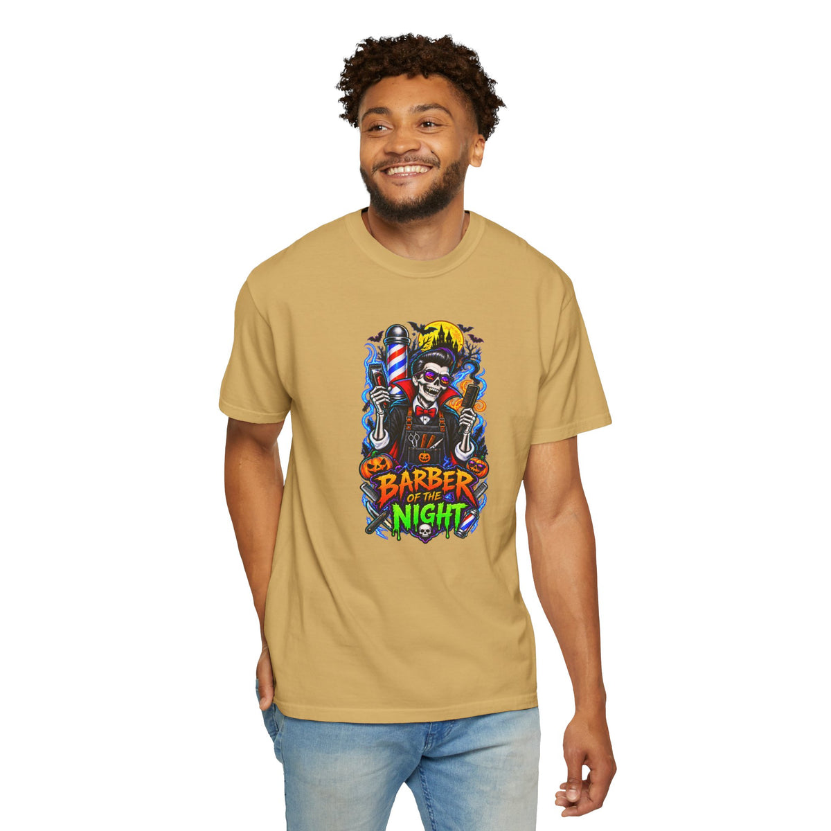 Barber of the Night Halloween Tee – Adult Unisex Barbershop Shirt