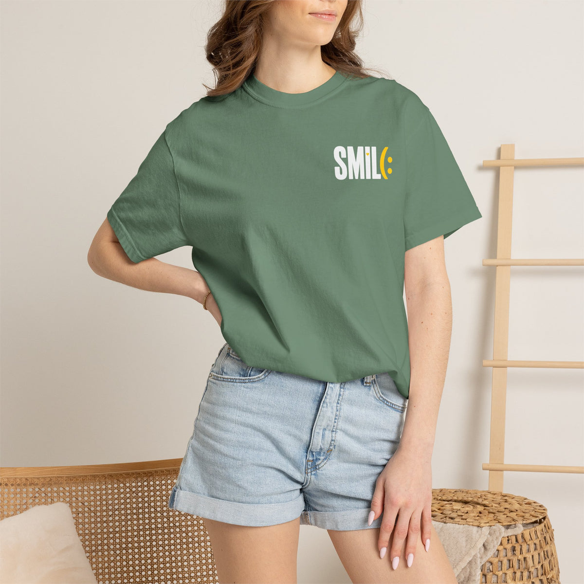 SMIL(: IT’S FREE. White & Yellow Front-and-Back Garment-Dyed Tee