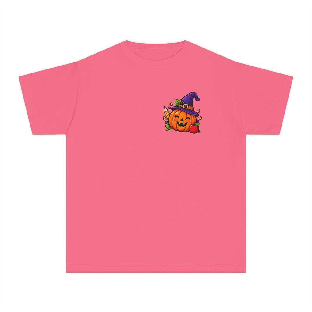 Kids Halloween Pumpkin Witch Hat Tee — Cute Jack-O'-Lantern with Apple & Pencils