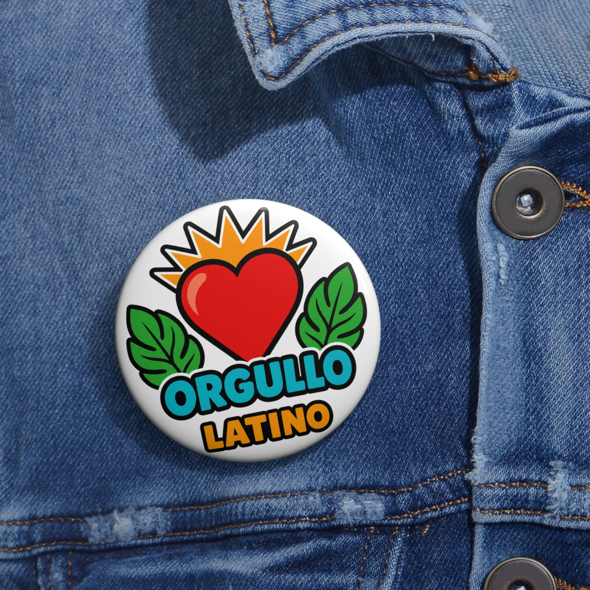Orgullo Latino Button Pin – Latin Pride Heart Badge, Turquoise and Orange Hispanic Culture Gift