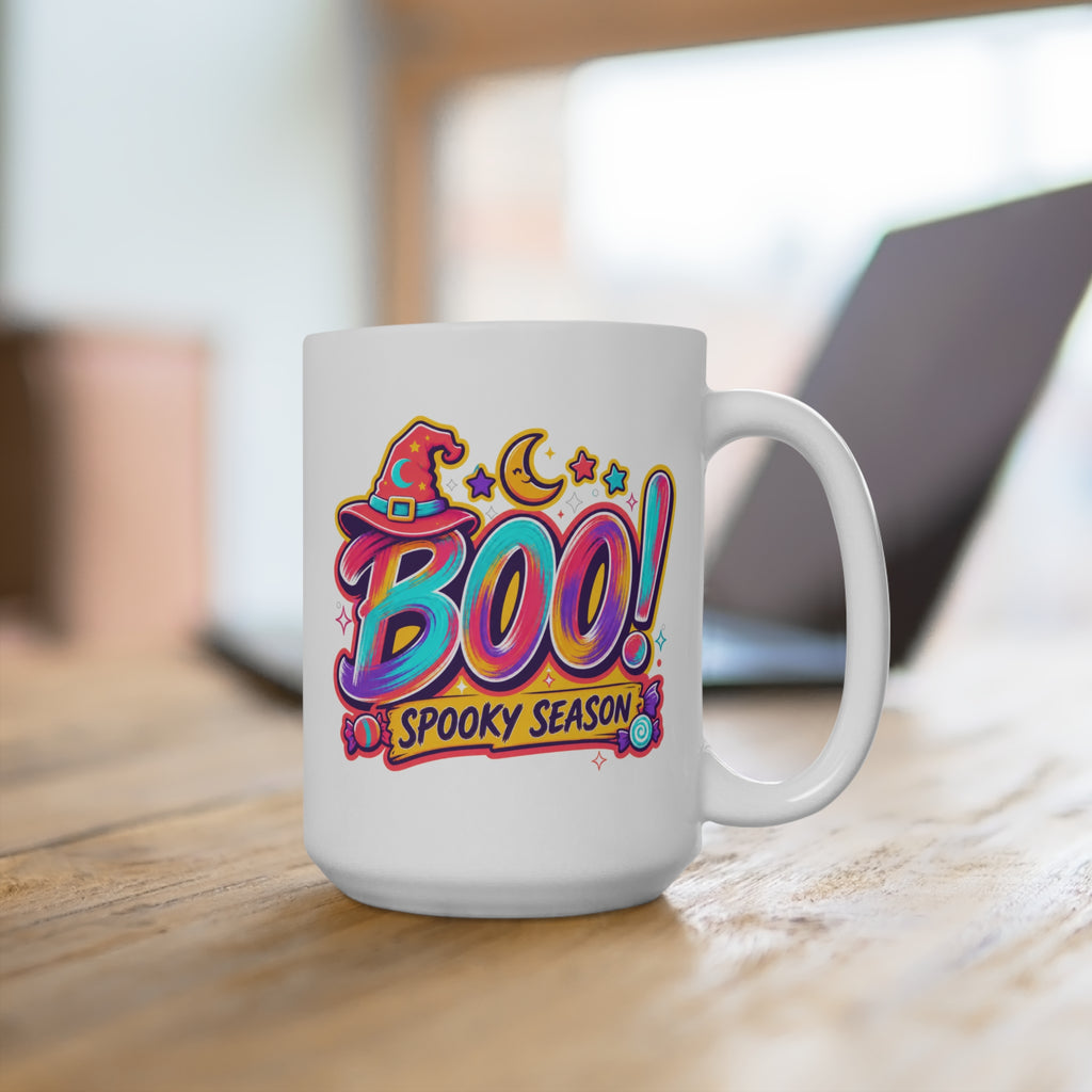 BOO! Spooky Season Mug - Halloween Coffee Cup - Colorful Witch Hat Mug - Fun Fall Gift