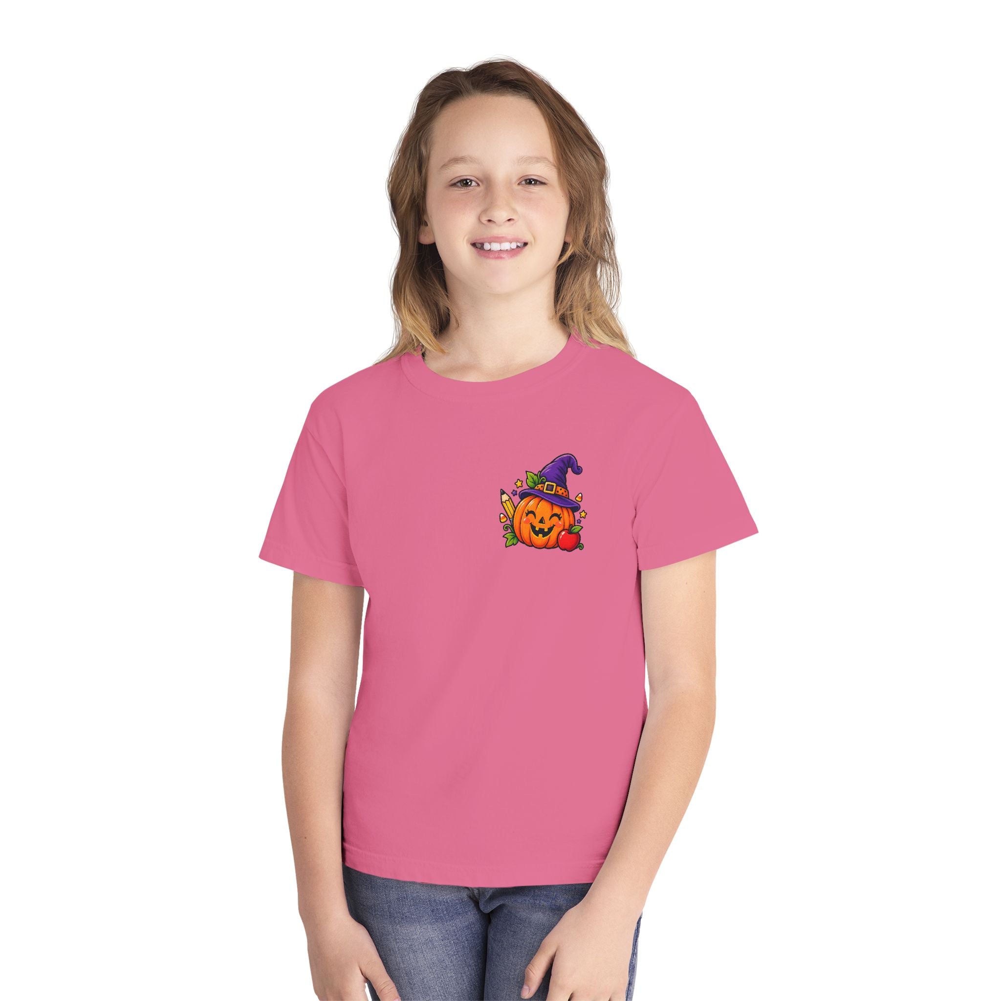 Kids Halloween Pumpkin Witch Hat Tee — Cute Jack-O'-Lantern with Apple & Pencils