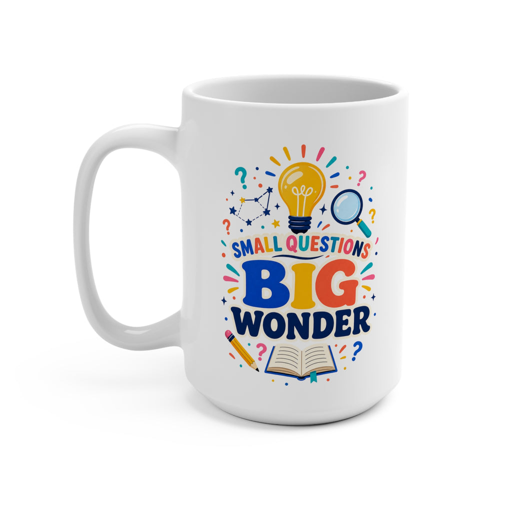 Small Questions Big Wonder Mug - Inspirational Teacher Coffee Cup - Colorful Science and Curiosity Gift for Educators