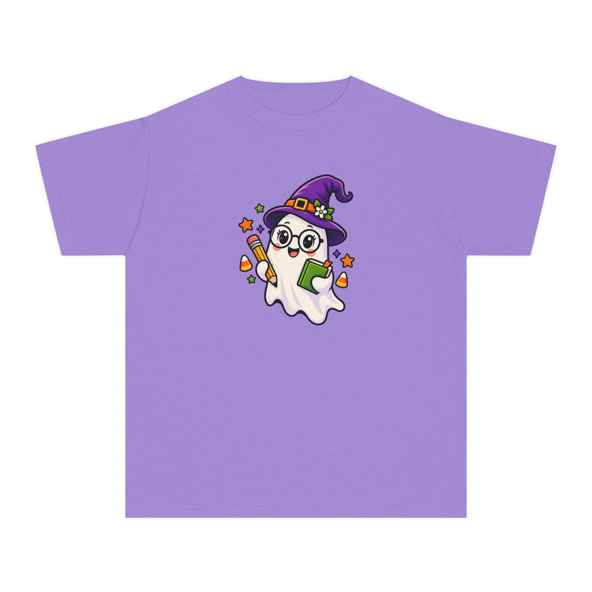 Kids Halloween Ghost Tee — Cute Witch Hat Ghost with Candy Corn & Trick-or-Treat Book