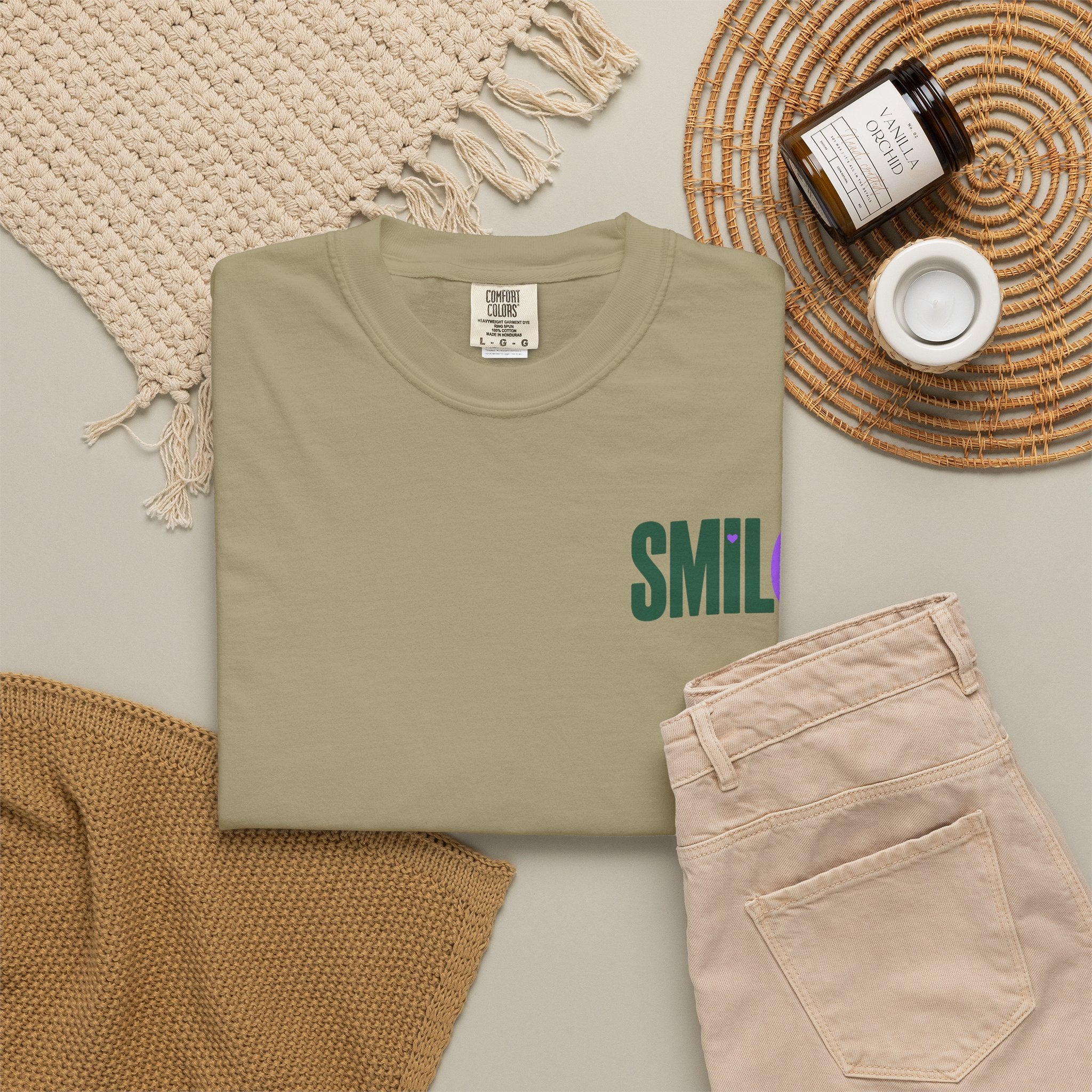 SMIL(: IT’S FREE. Green & Purple Front-and-Back Garment-Dyed Tee