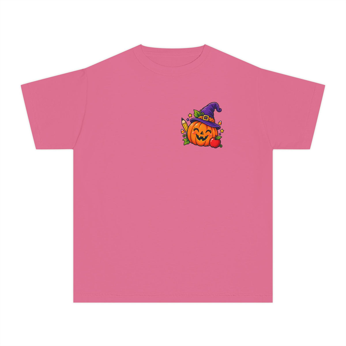 Kids Halloween Pumpkin Witch Hat Tee — Cute Jack-O'-Lantern with Apple & Pencils