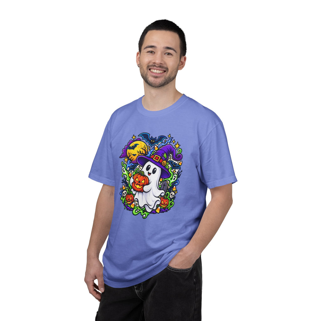 Unisex Halloween Ghost & Pumpkin Tee | Vibrant Spooky Adult Shirt