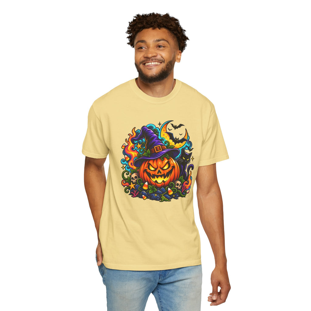 Unisex Halloween Pumpkin & Black Cat T-Shirt | Colorful Spooky Adult Tee