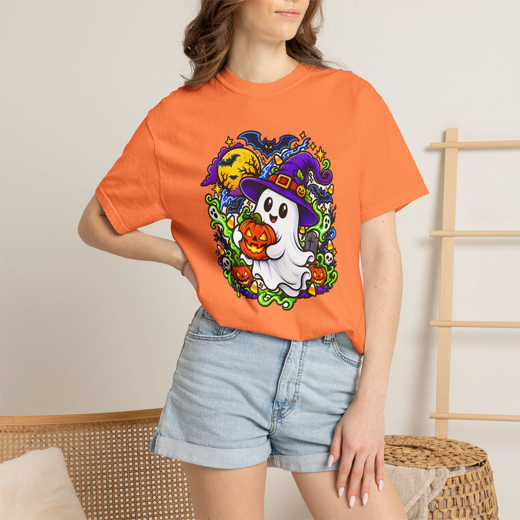 Unisex Halloween Ghost & Pumpkin Tee | Vibrant Spooky Adult Shirt