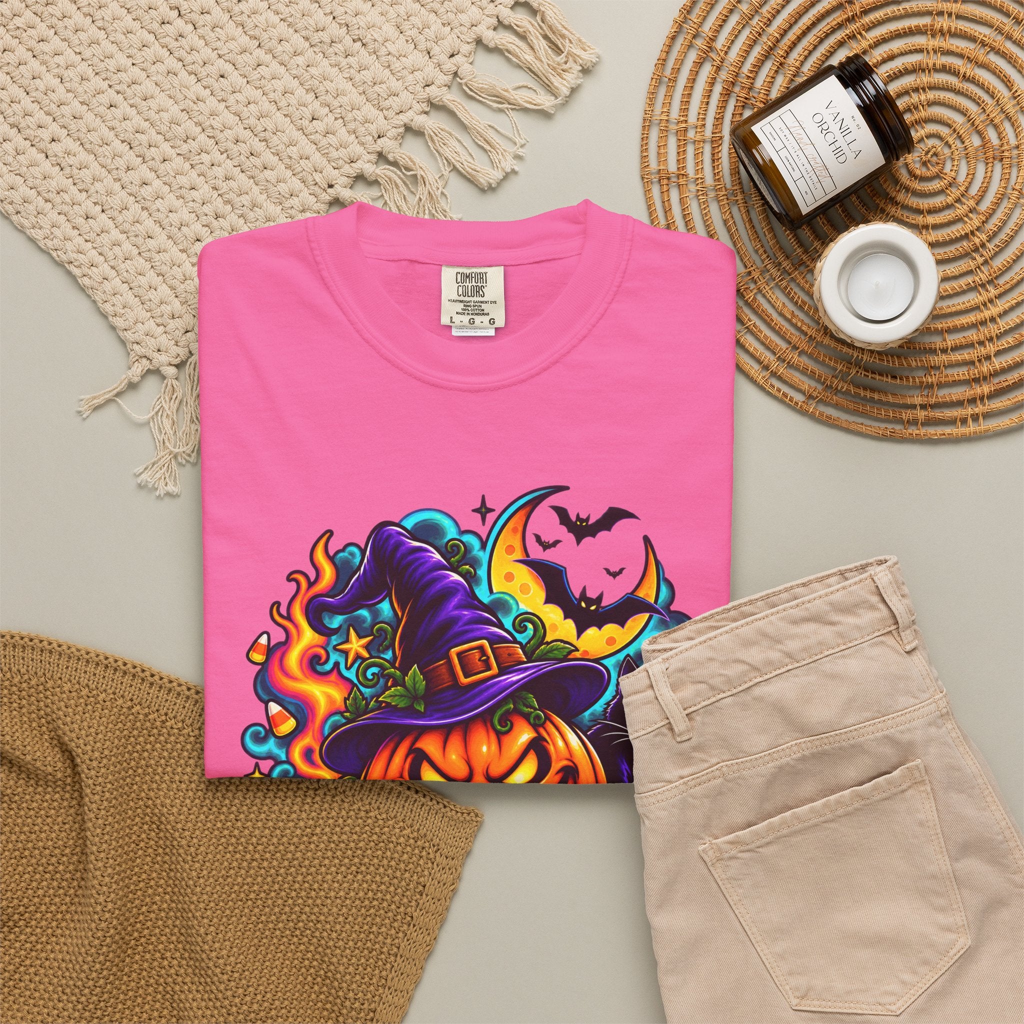 Unisex Halloween Pumpkin & Black Cat T-Shirt | Colorful Spooky Adult Tee