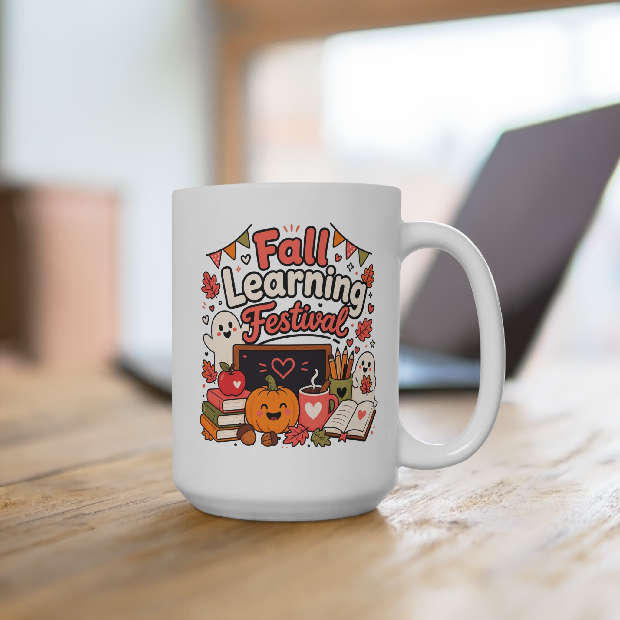 Fall Learning Festival Mug - Cute Autumn Teacher Coffee Cup - Halloween School Gift for Teachers, Students and Book Lovers