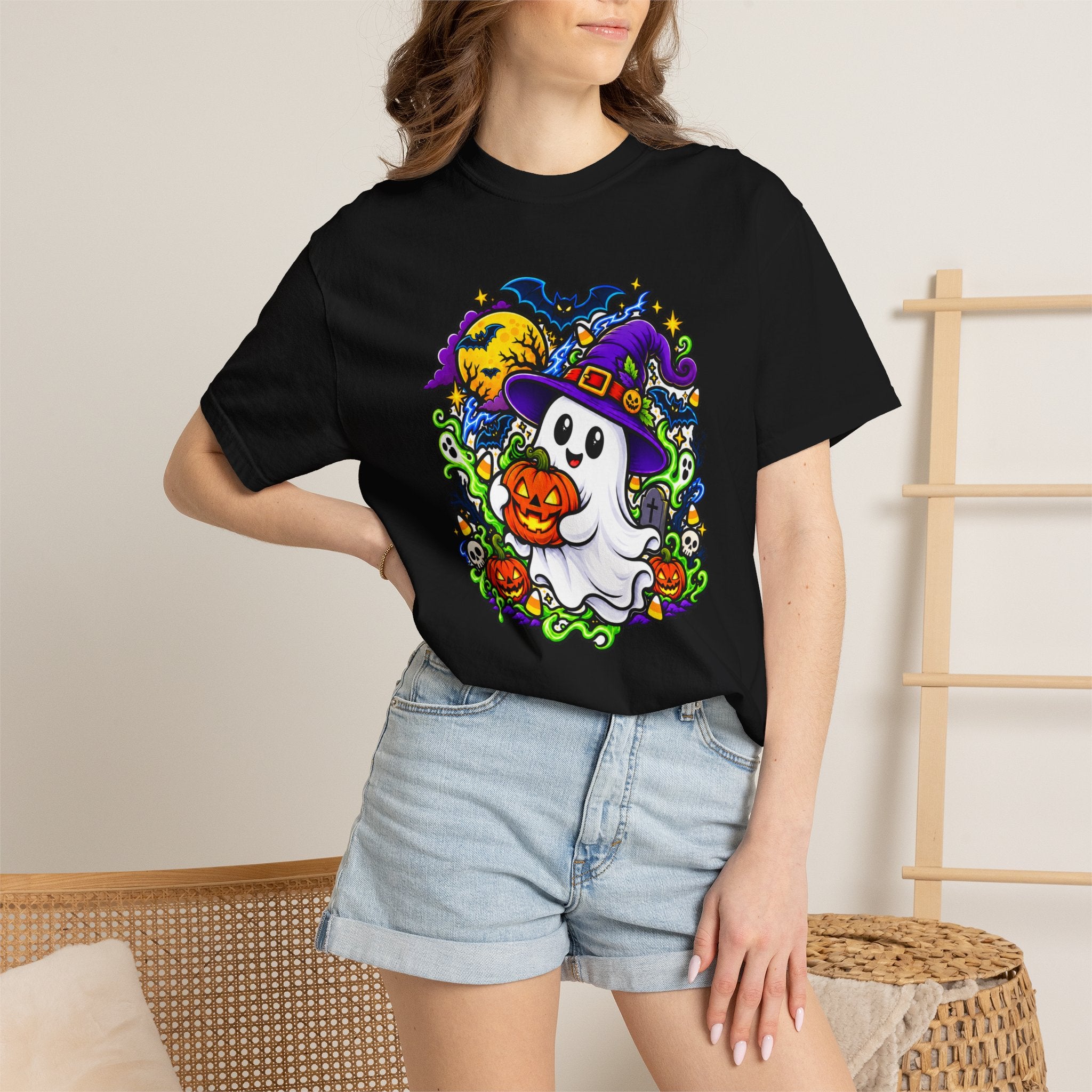 Unisex Halloween Ghost & Pumpkin Tee | Vibrant Spooky Adult Shirt
