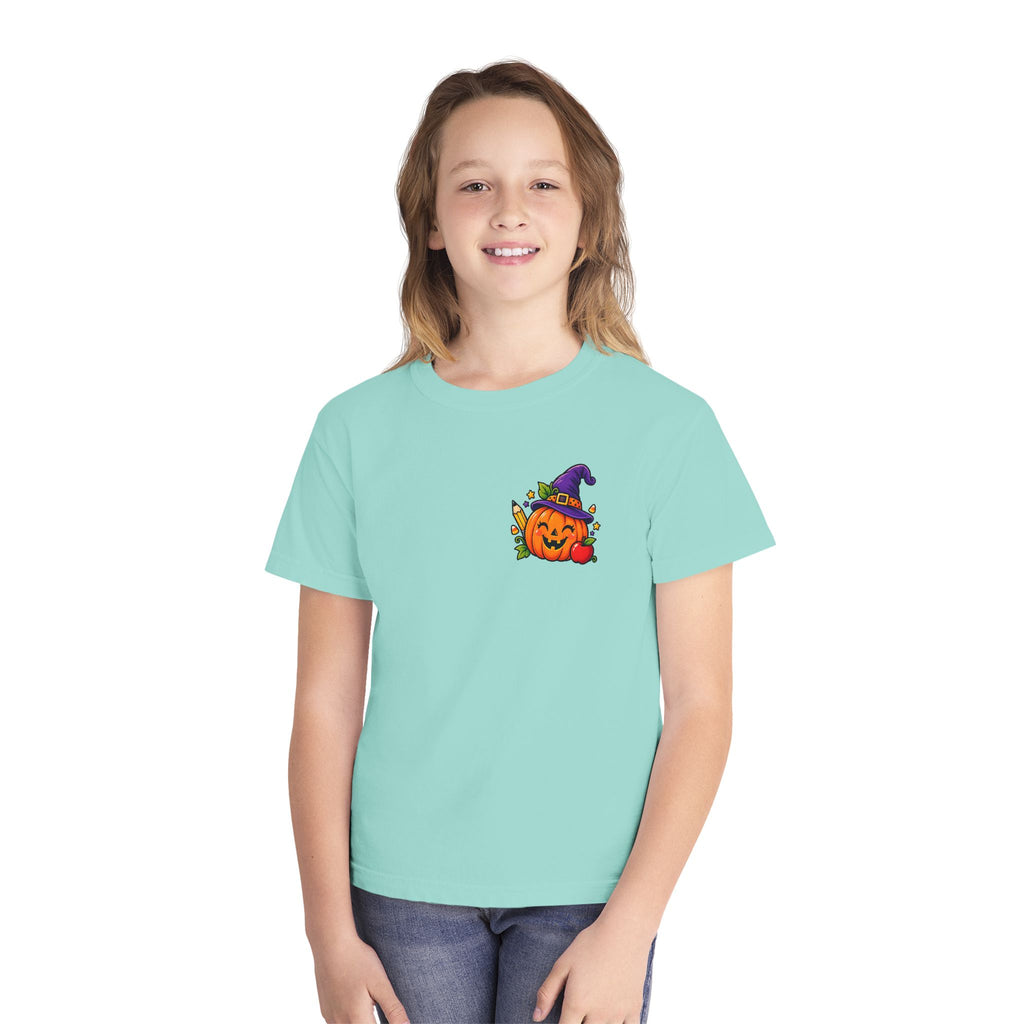 Kids Halloween Pumpkin Witch Hat Tee — Cute Jack-O'-Lantern with Apple & Pencils