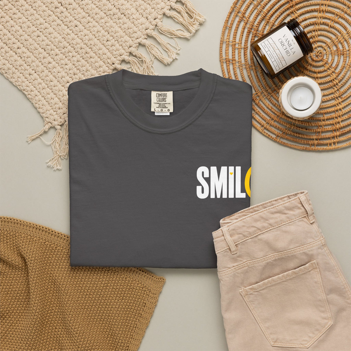 SMIL(: IT’S FREE. White & Yellow Front-and-Back Garment-Dyed Tee