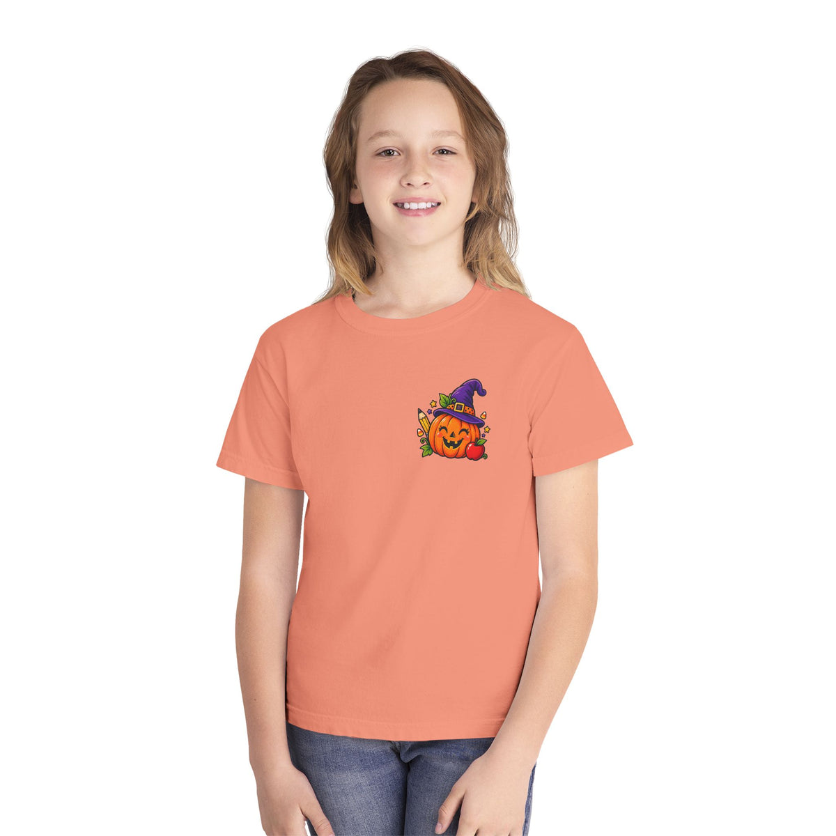 Kids Halloween Pumpkin Witch Hat Tee — Cute Jack-O'-Lantern with Apple & Pencils