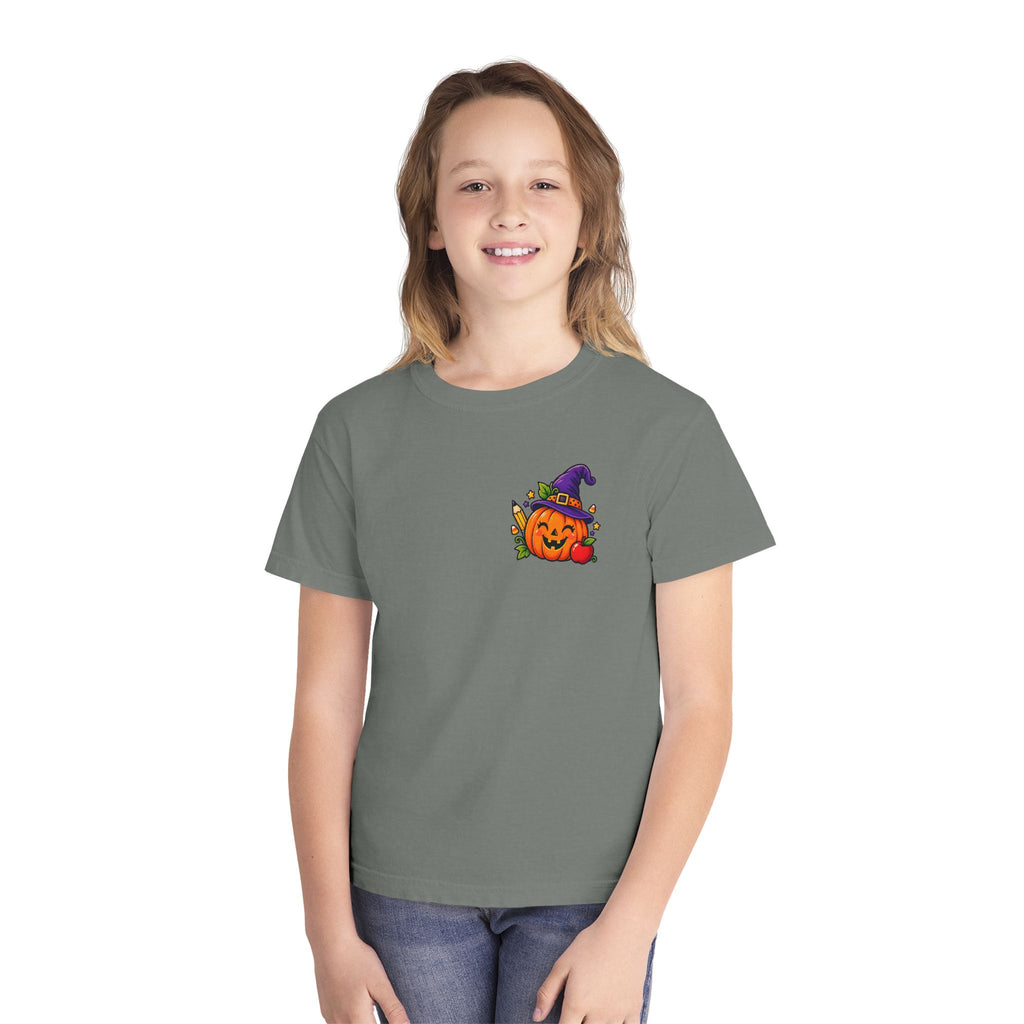 Kids Halloween Pumpkin Witch Hat Tee — Cute Jack-O'-Lantern with Apple & Pencils