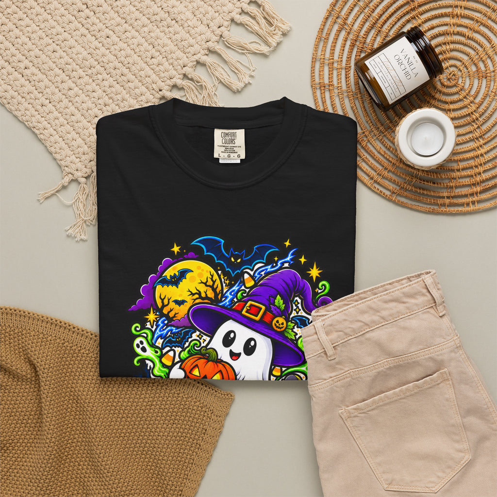 Unisex Halloween Ghost & Pumpkin Tee | Vibrant Spooky Adult Shirt