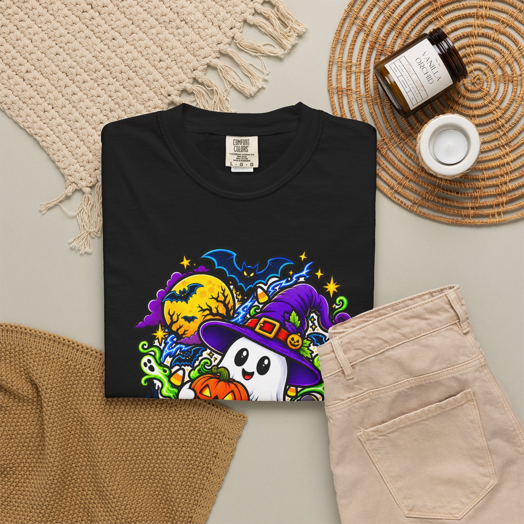 Unisex Halloween Ghost & Pumpkin Tee | Vibrant Spooky Adult Shirt