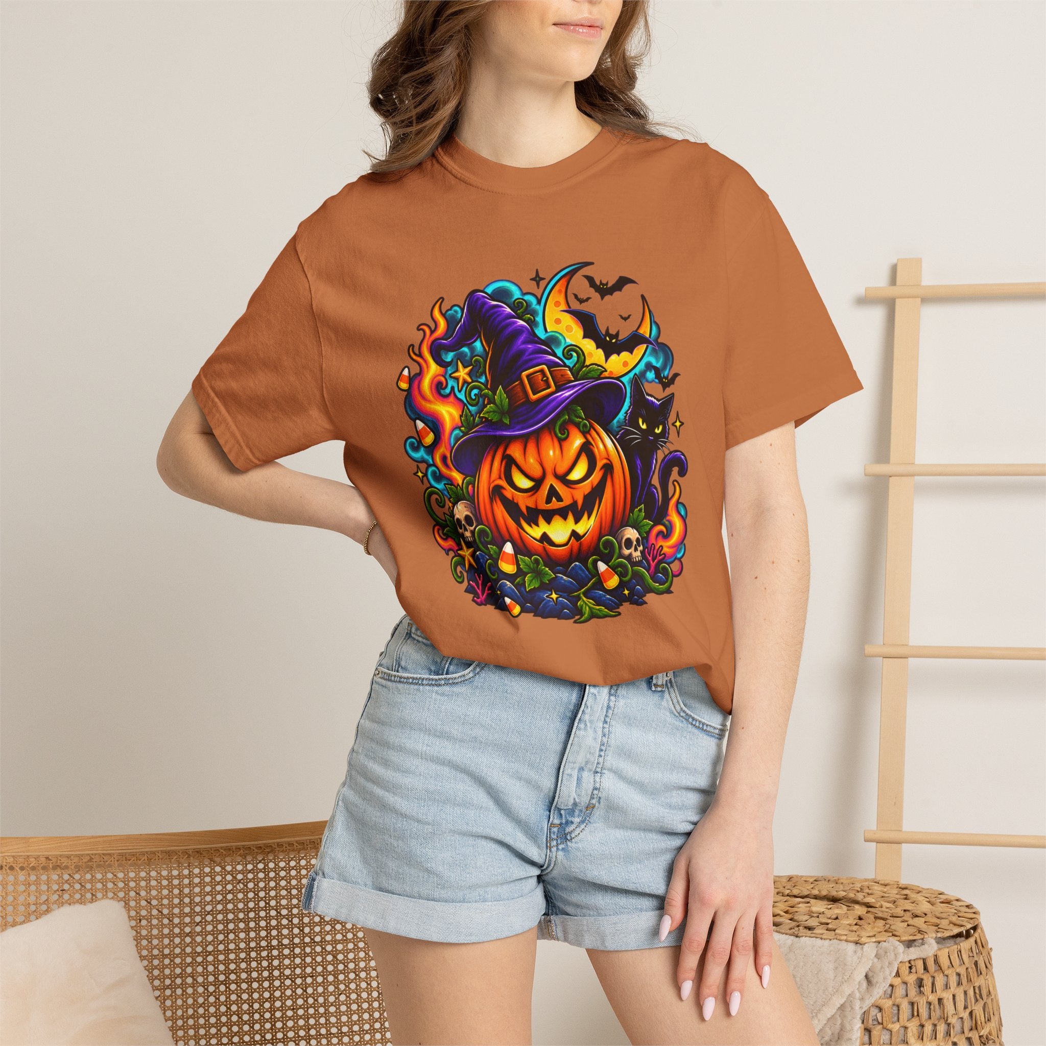 Unisex Halloween Pumpkin & Black Cat T-Shirt | Colorful Spooky Adult Tee