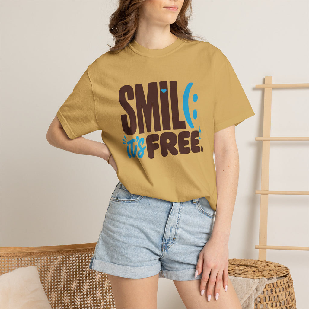 SMIL(: IT’S FREE. Brown & Bright Blue Garment-Dyed Graphic Tee
