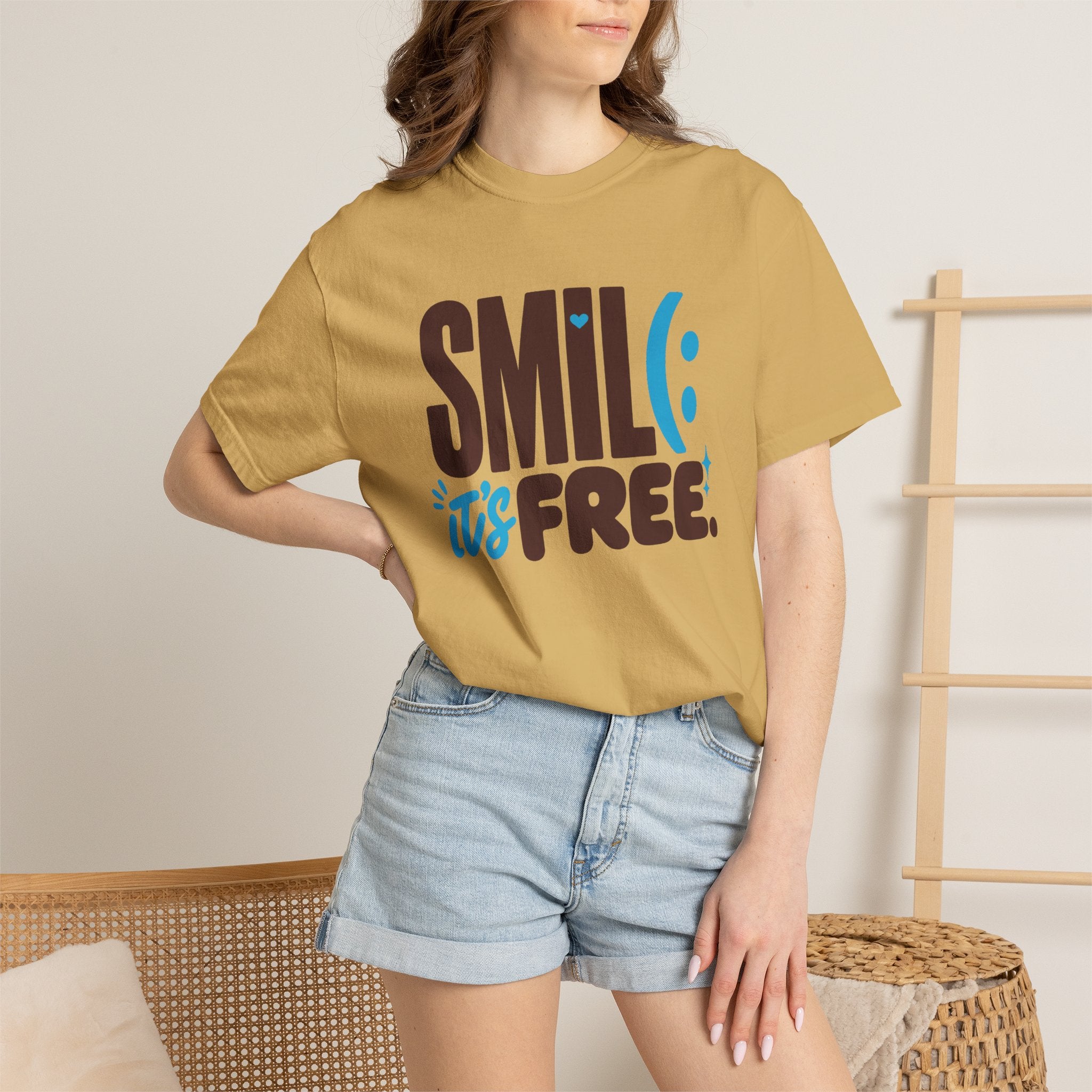 SMIL(: IT’S FREE. Brown & Bright Blue Garment-Dyed Graphic Tee
