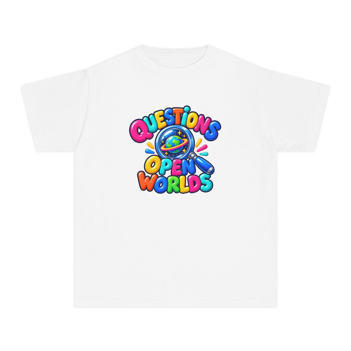🌍 Questions Open Worlds Colorful Space Graphic Youth Tee