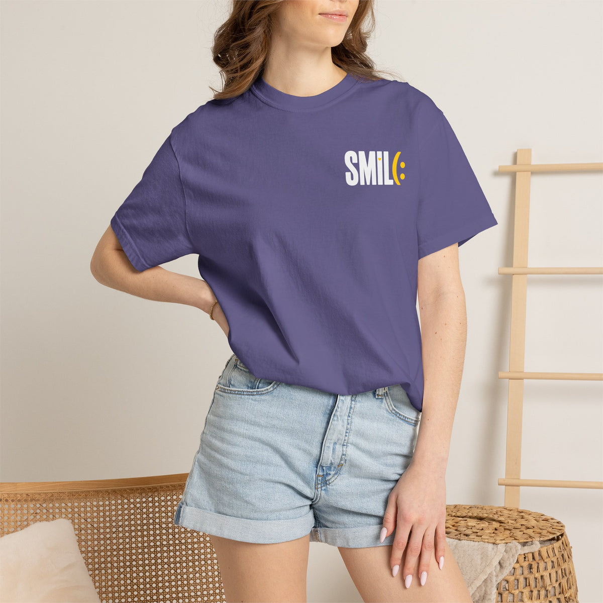 SMIL(: IT’S FREE. White & Yellow Front-and-Back Garment-Dyed Tee