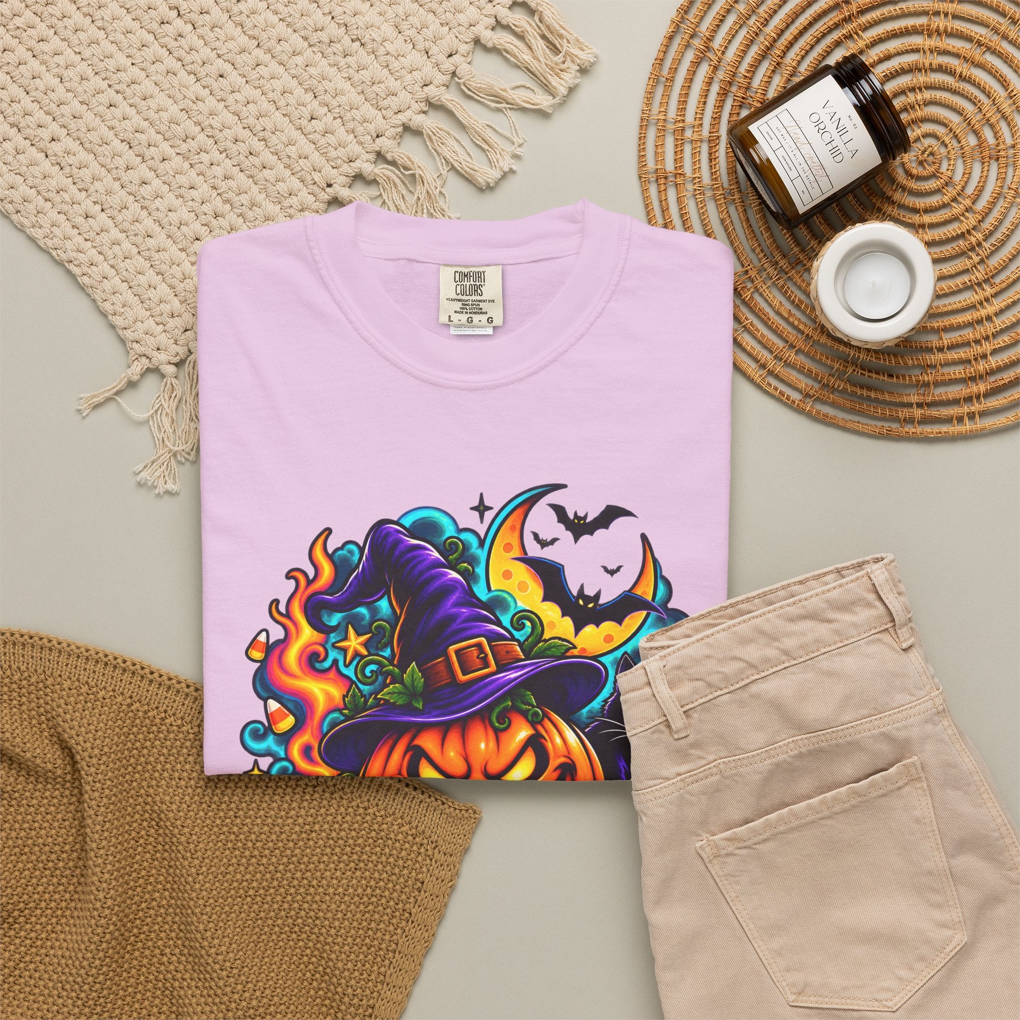 Unisex Halloween Pumpkin & Black Cat T-Shirt | Colorful Spooky Adult Tee