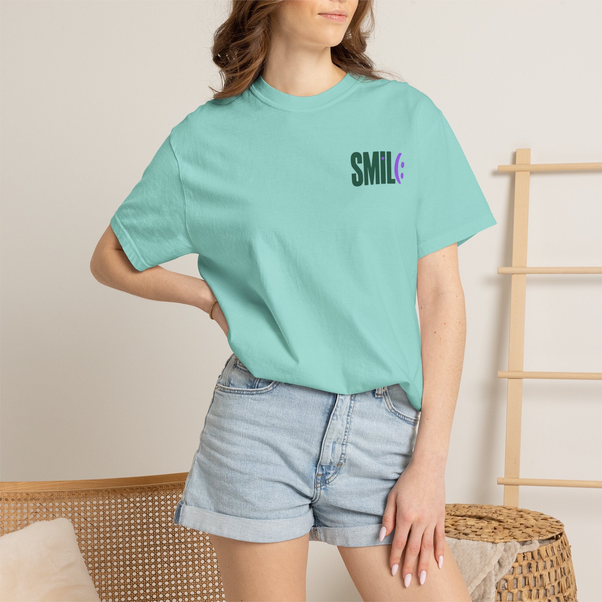 SMIL(: IT’S FREE. Green & Purple Front-and-Back Garment-Dyed Tee