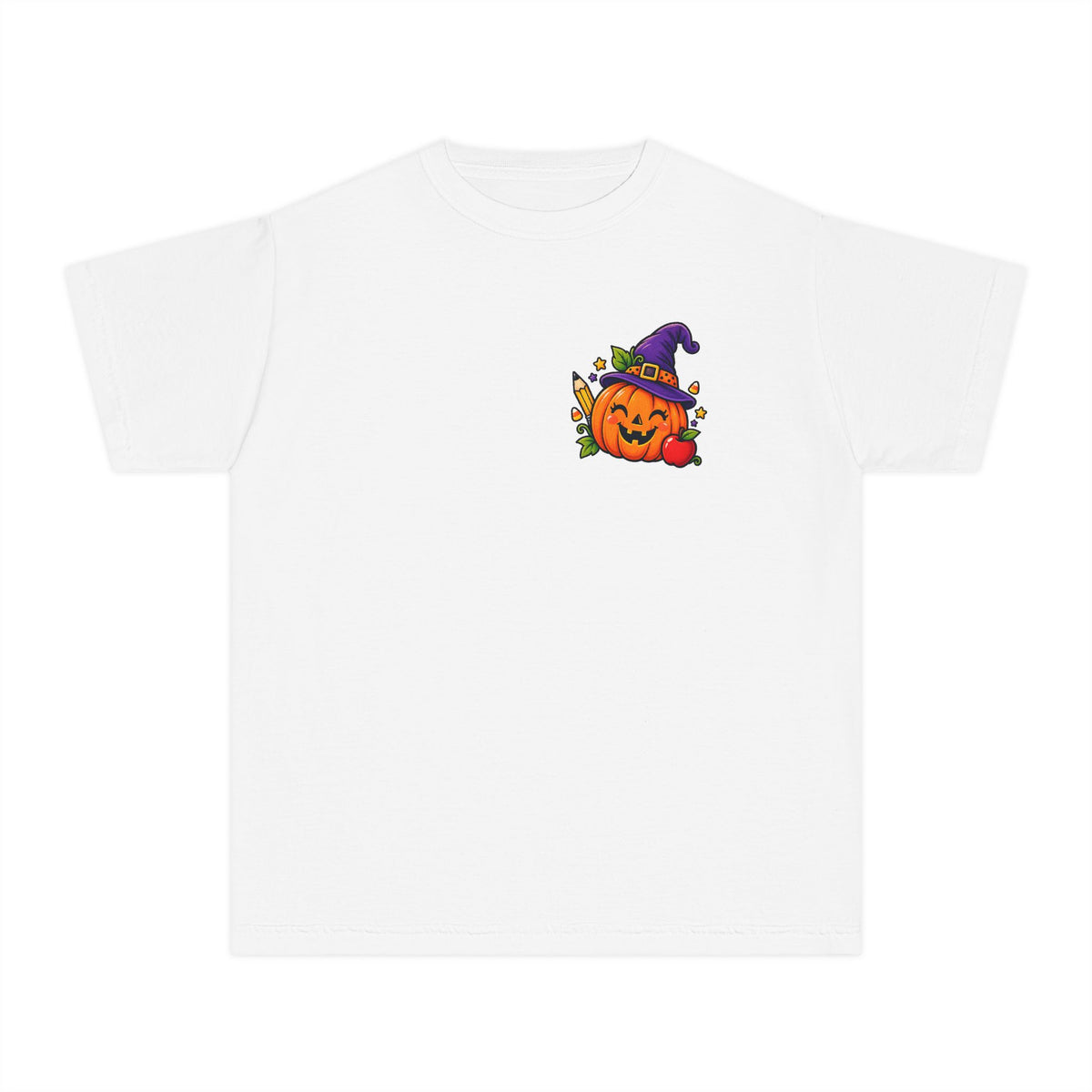 Kids Halloween Pumpkin Witch Hat Tee — Cute Jack-O'-Lantern with Apple & Pencils