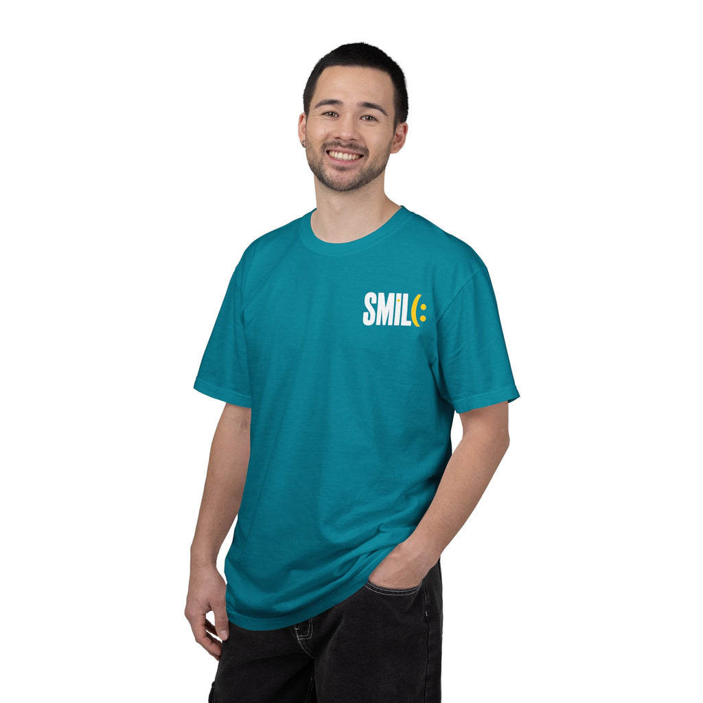 SMIL(: IT’S FREE. White & Yellow Front-and-Back Garment-Dyed Tee