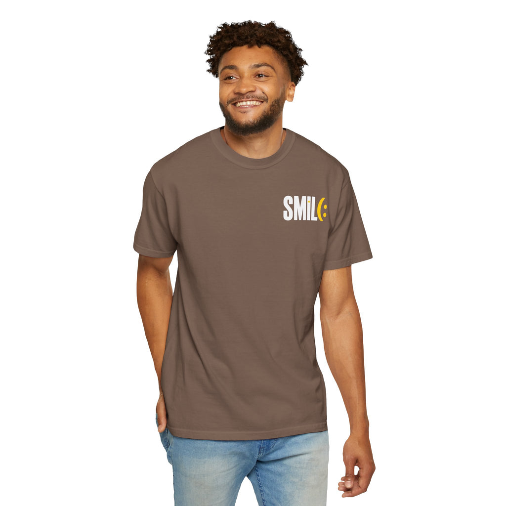 SMIL(: IT’S FREE. White & Yellow Front-and-Back Garment-Dyed Tee
