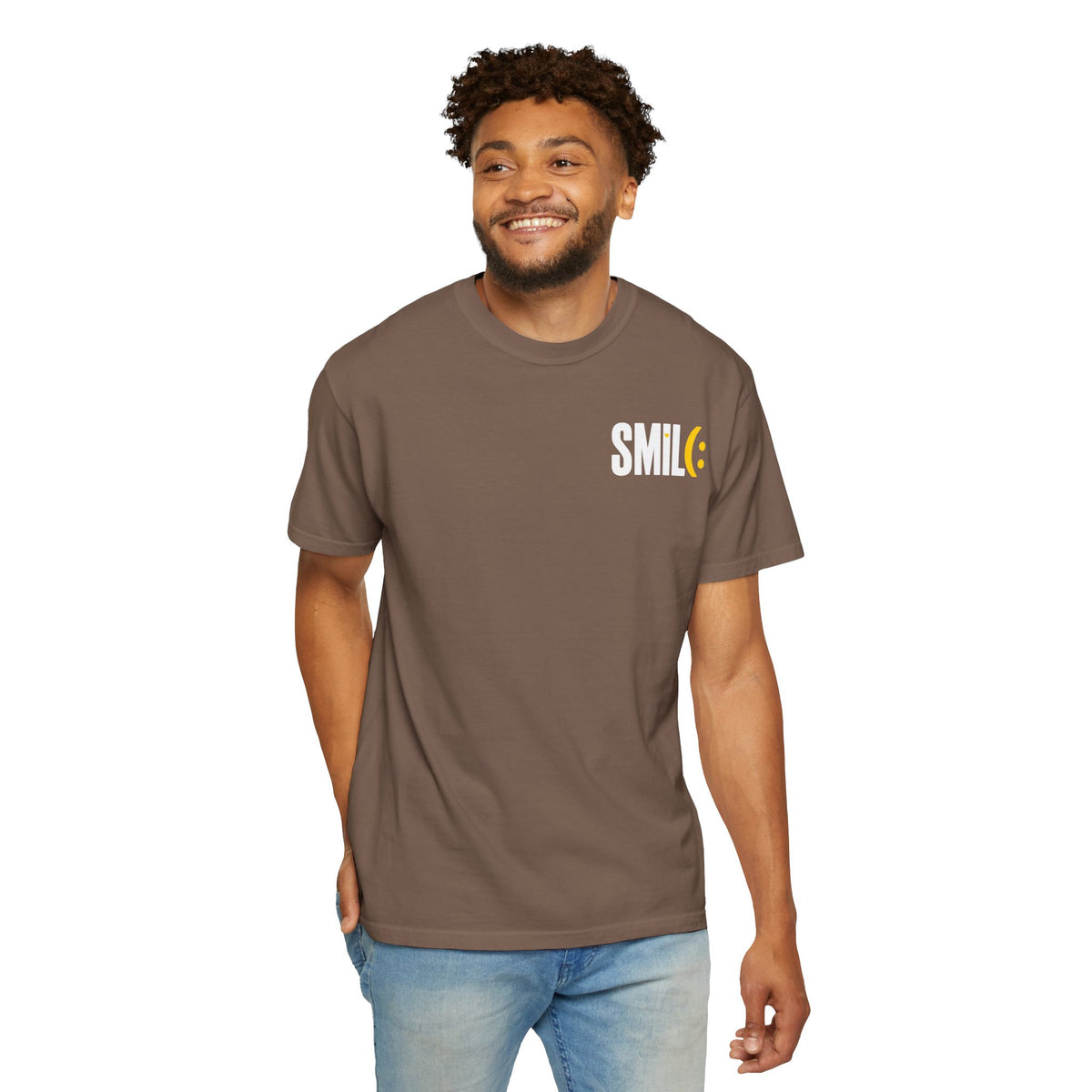 SMIL(: IT’S FREE. White & Yellow Front-and-Back Garment-Dyed Tee