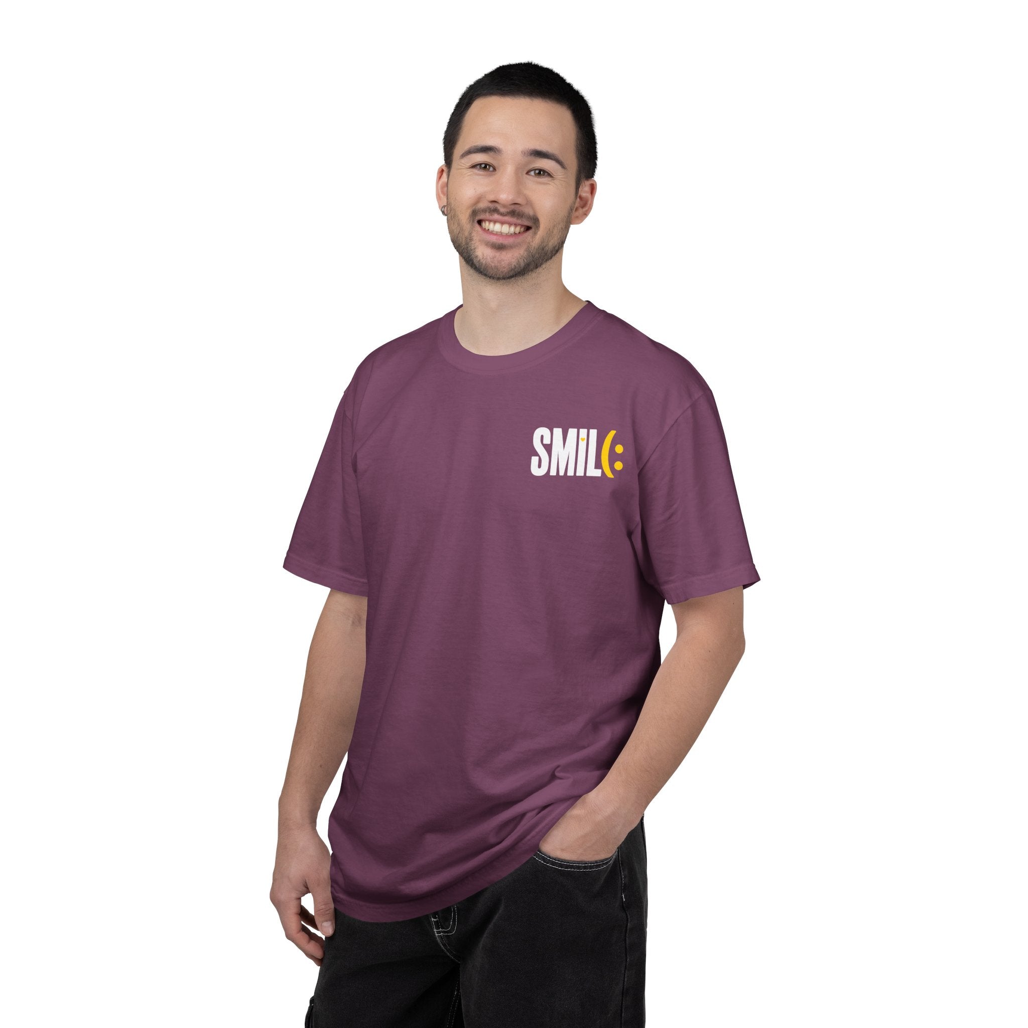 SMIL(: IT’S FREE. White & Yellow Front-and-Back Garment-Dyed Tee