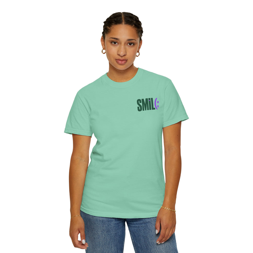 SMIL(: IT’S FREE. Green & Purple Front-and-Back Garment-Dyed Tee