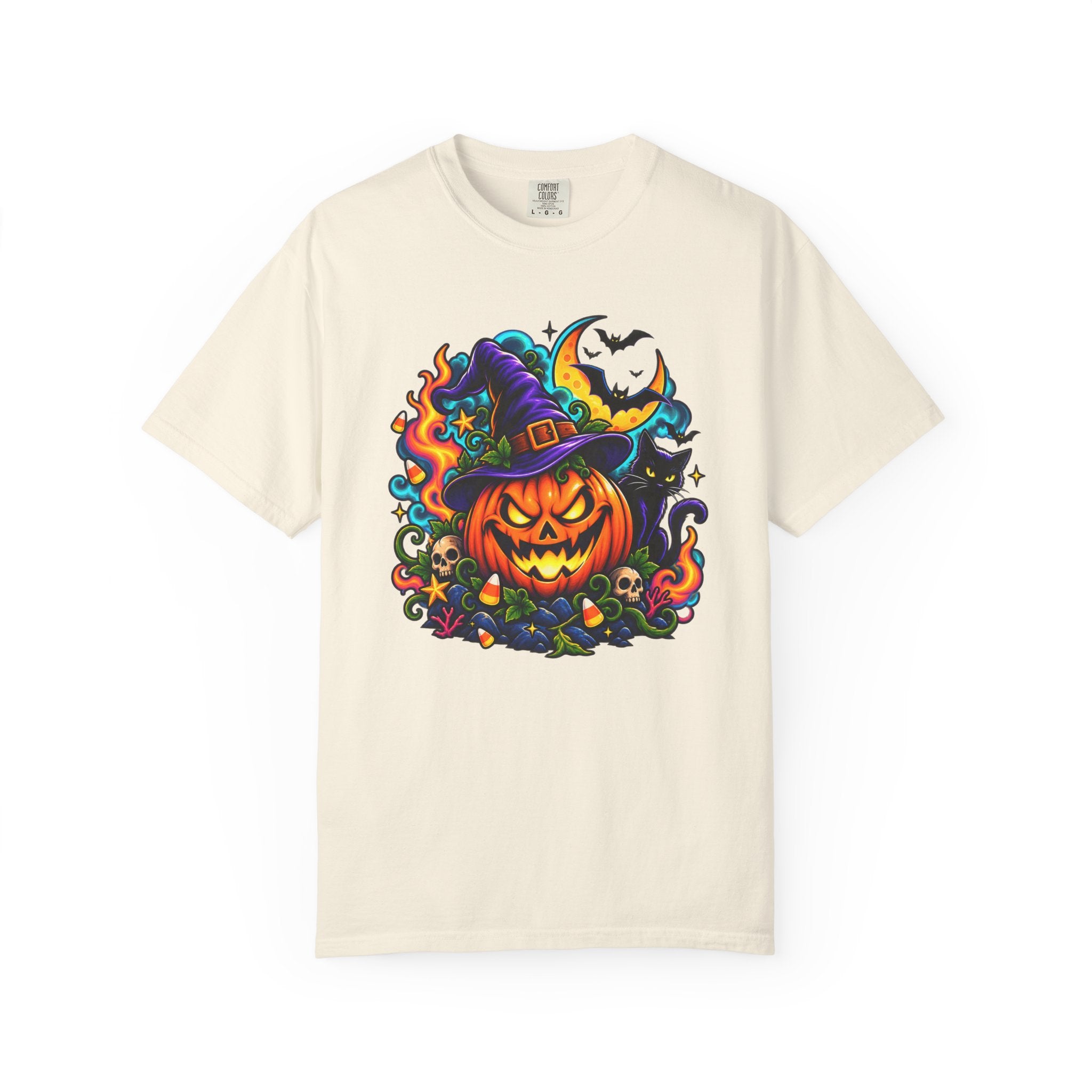 Unisex Halloween Pumpkin & Black Cat T-Shirt | Colorful Spooky Adult Tee