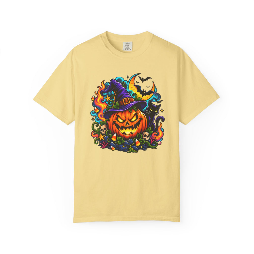 Unisex Halloween Pumpkin & Black Cat T-Shirt | Colorful Spooky Adult Tee