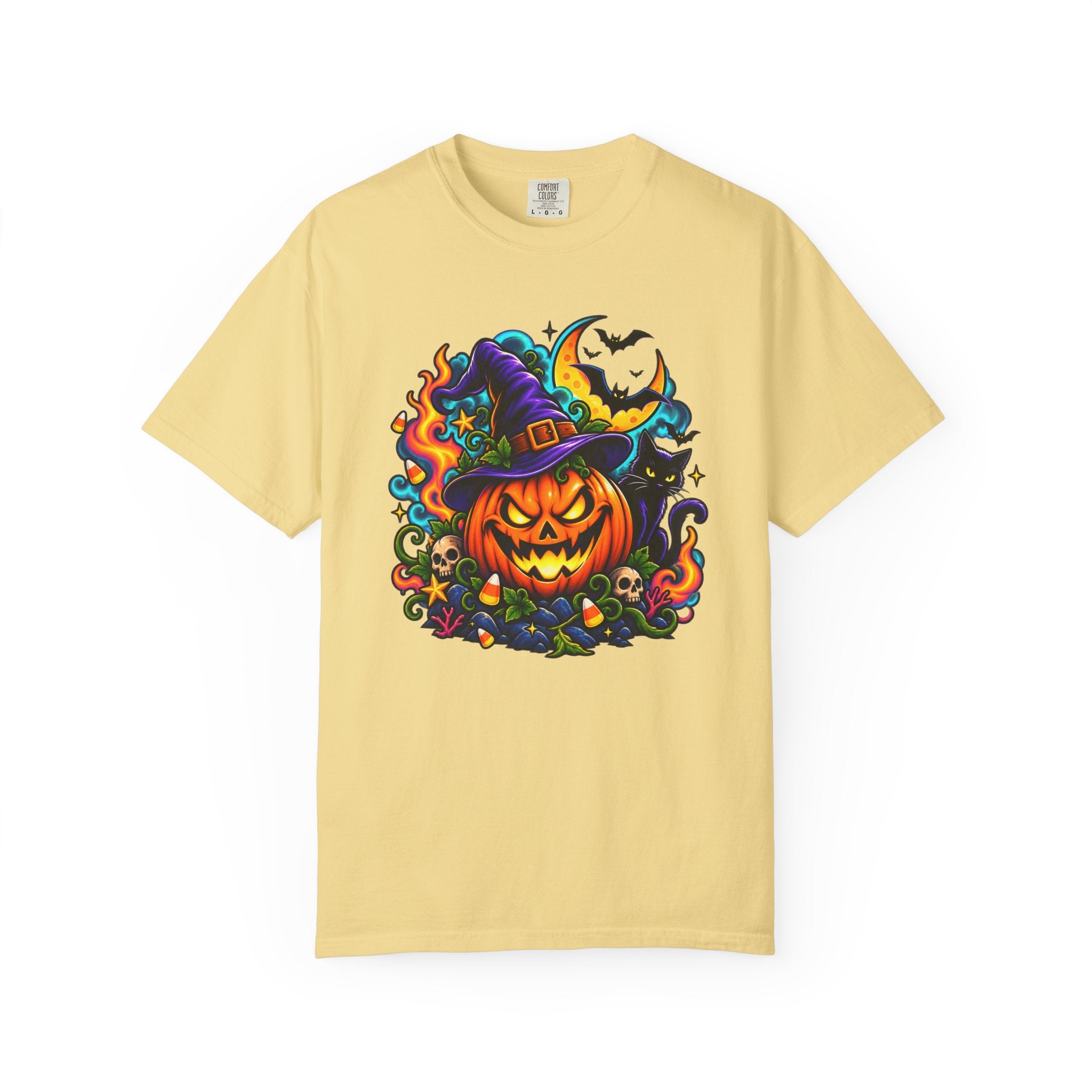 Unisex Halloween Pumpkin & Black Cat T-Shirt | Colorful Spooky Adult Tee