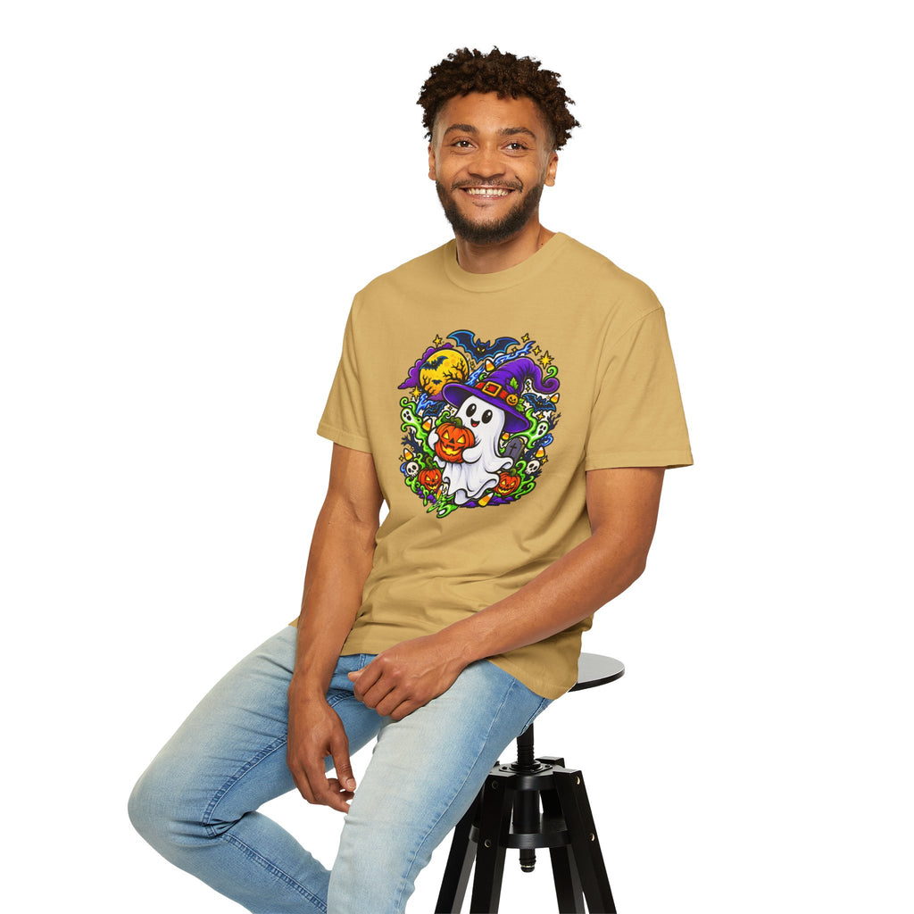 Unisex Halloween Ghost & Pumpkin Tee | Vibrant Spooky Adult Shirt