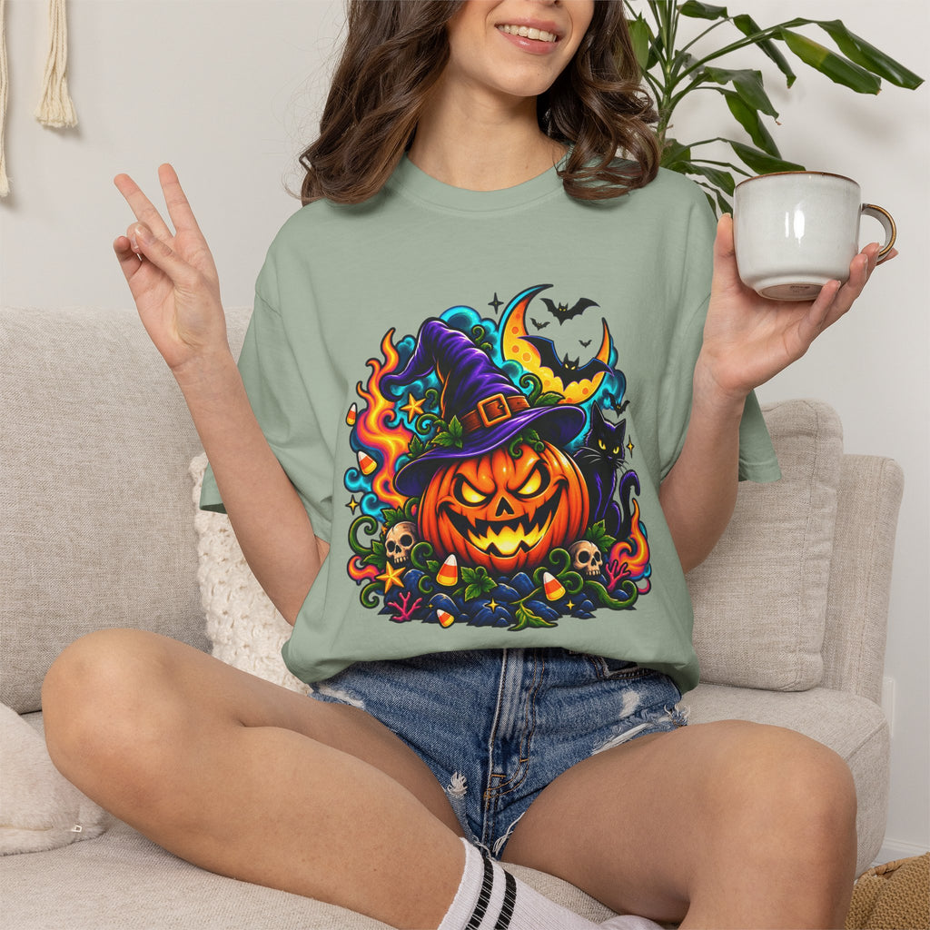 Unisex Halloween Pumpkin & Black Cat T-Shirt | Colorful Spooky Adult Tee