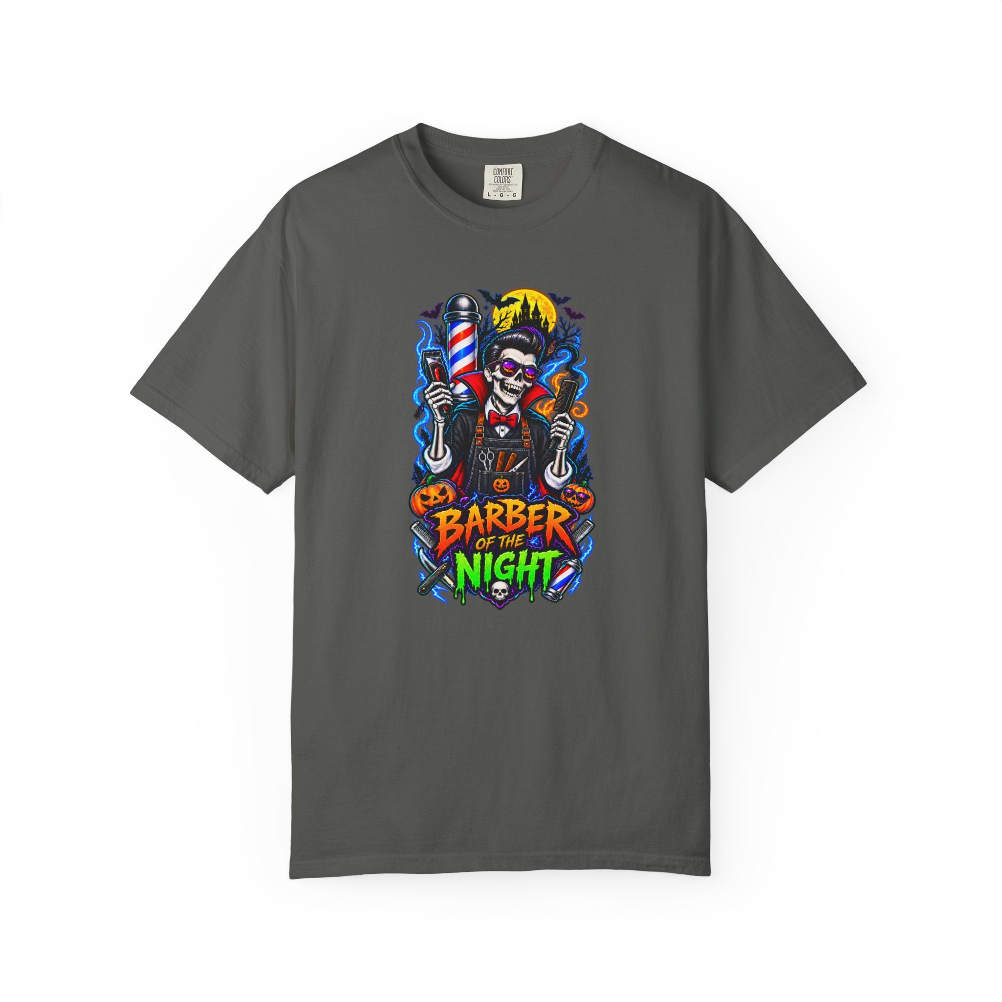 Barber of the Night Halloween Tee – Adult Unisex Barbershop Shirt