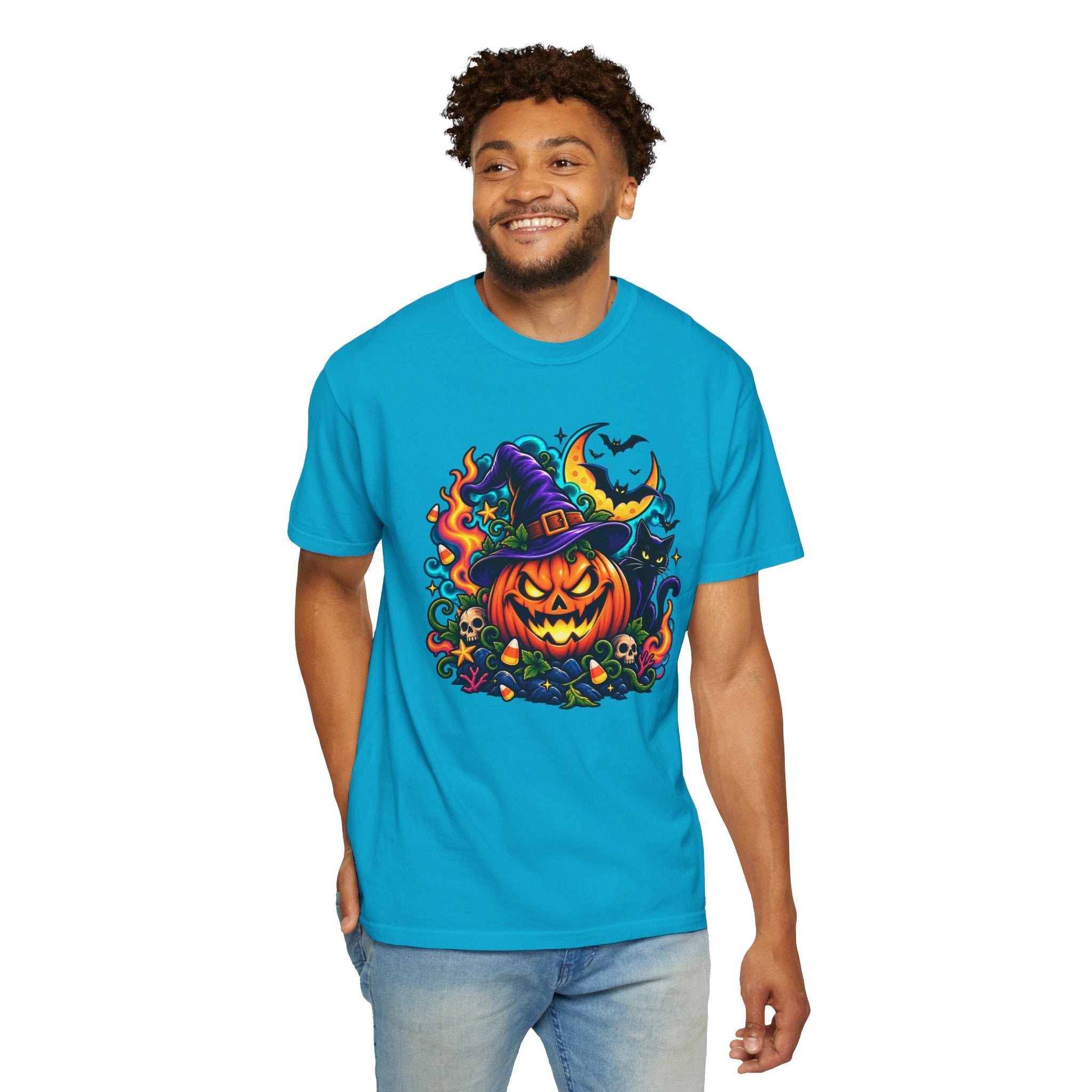 Unisex Halloween Pumpkin & Black Cat T-Shirt | Colorful Spooky Adult Tee