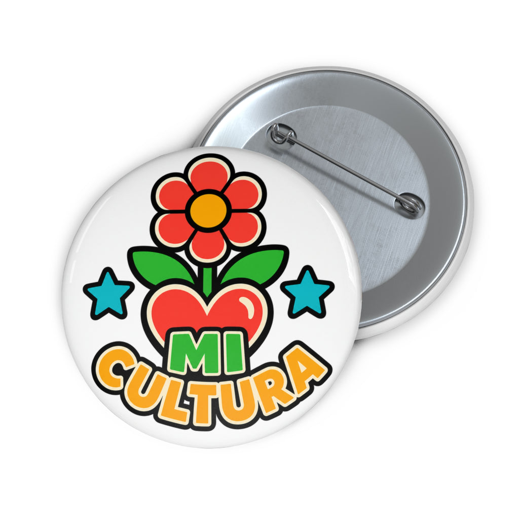 Mi Cultura Button Pin – Colorful Latin Culture Badge, Heart and Flower Gift