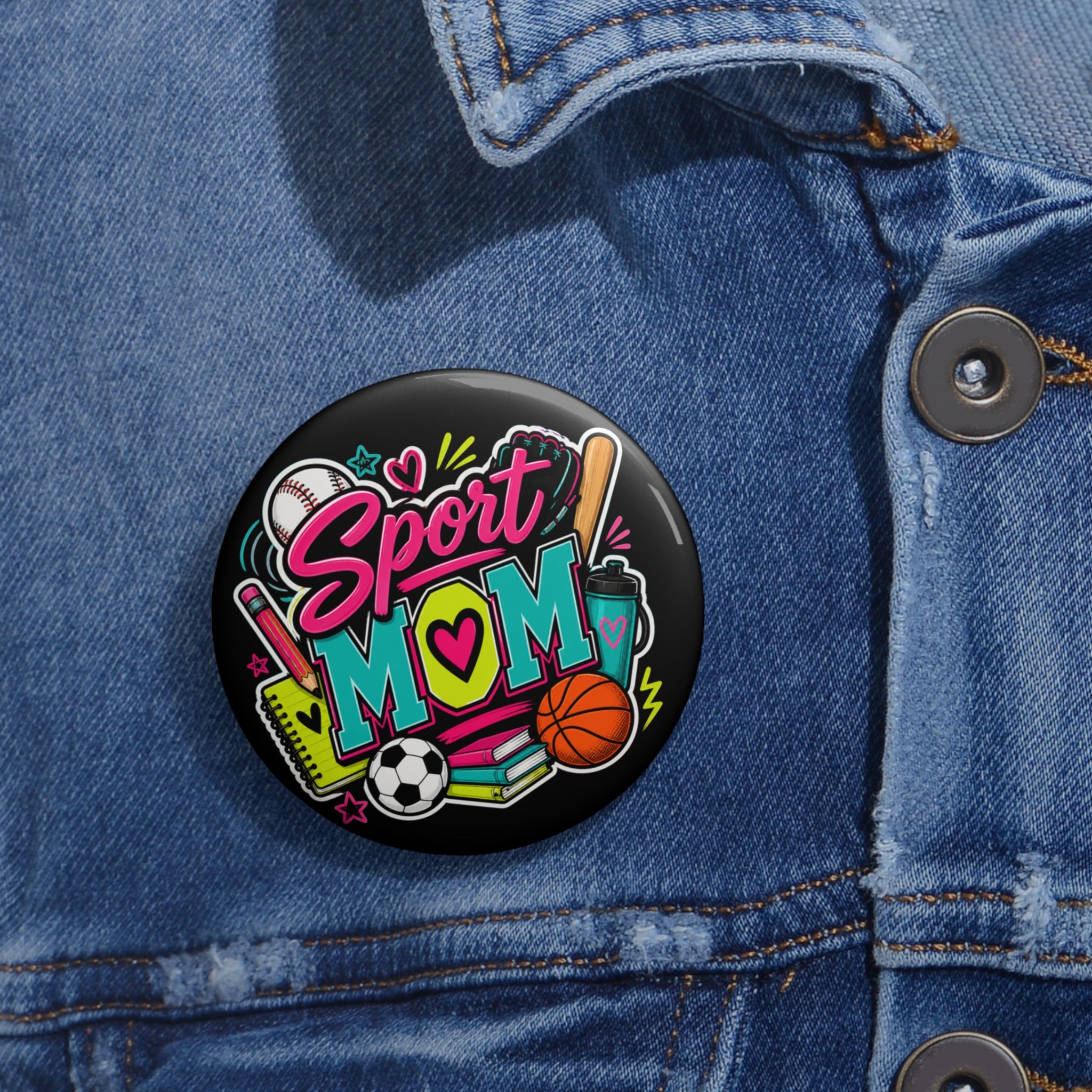 "Sport Mom" Pin Back Button – Colorful Neon Game Day Badge