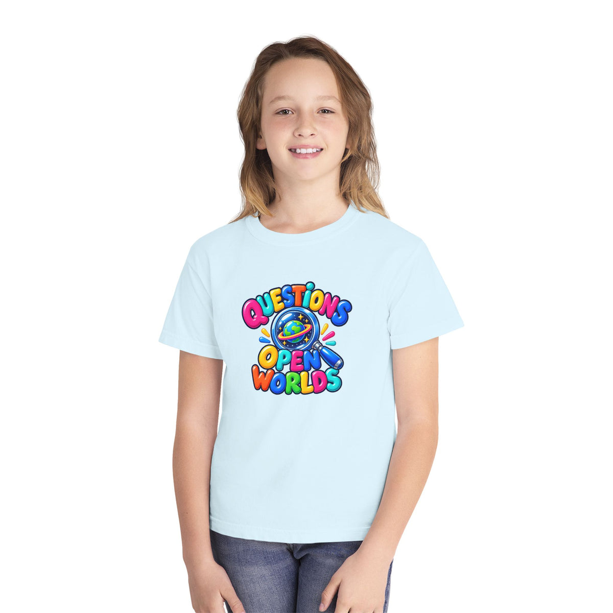 🌍 Questions Open Worlds Colorful Space Graphic Youth Tee